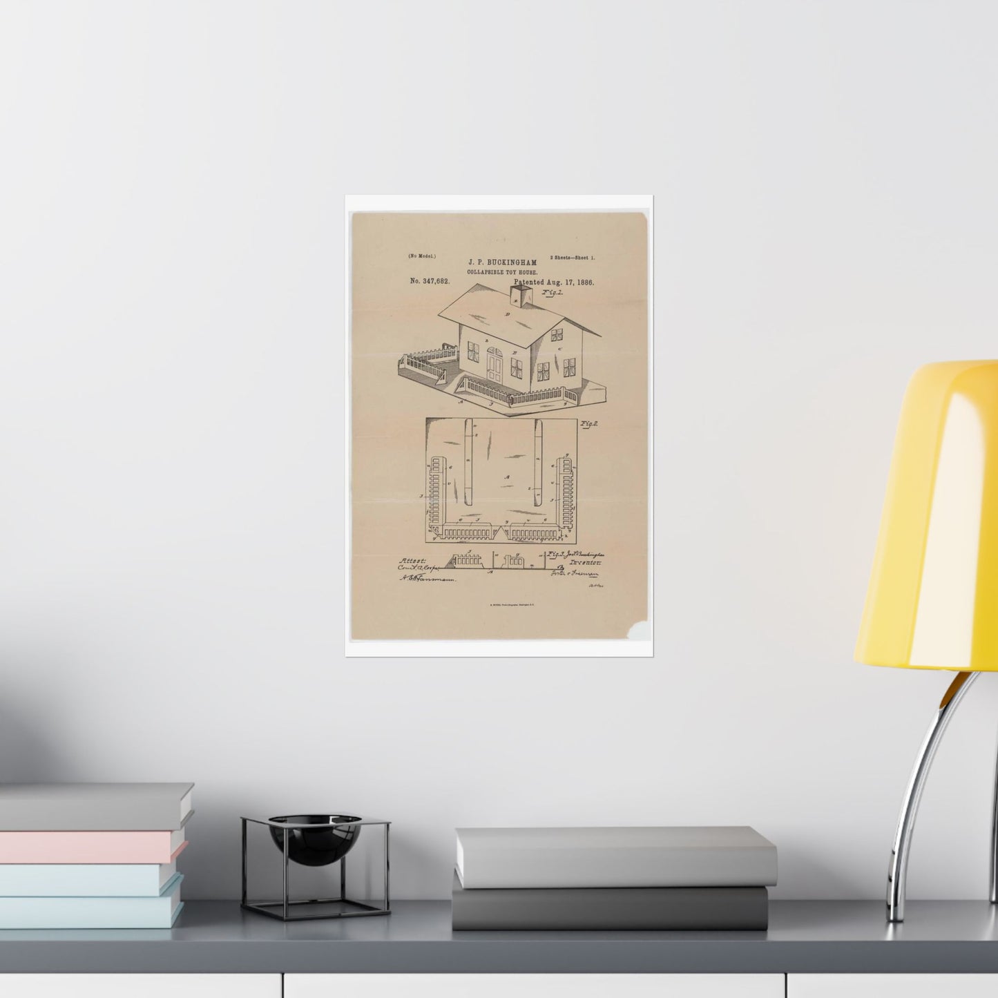 Patent Drawing of Engine - Drawing for a Collapsible Toy House Public domain image High Quality Matte Wall Art Poster for Home, Office, Classroom