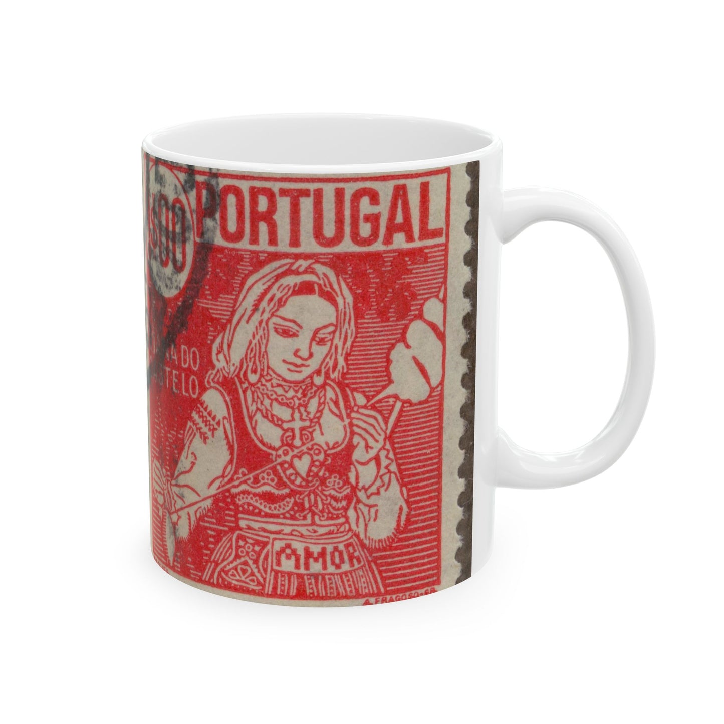 Frimärke ur Gösta Bodmans filatelistiska motivsamling, påbörjad 1950.Frimärke frånPortugal, 1941. Motiv av garnspinnande med slända. "Kvinna från Viana do Castelo". Beautiful Novelty Ceramic Coffee Mug 11oz