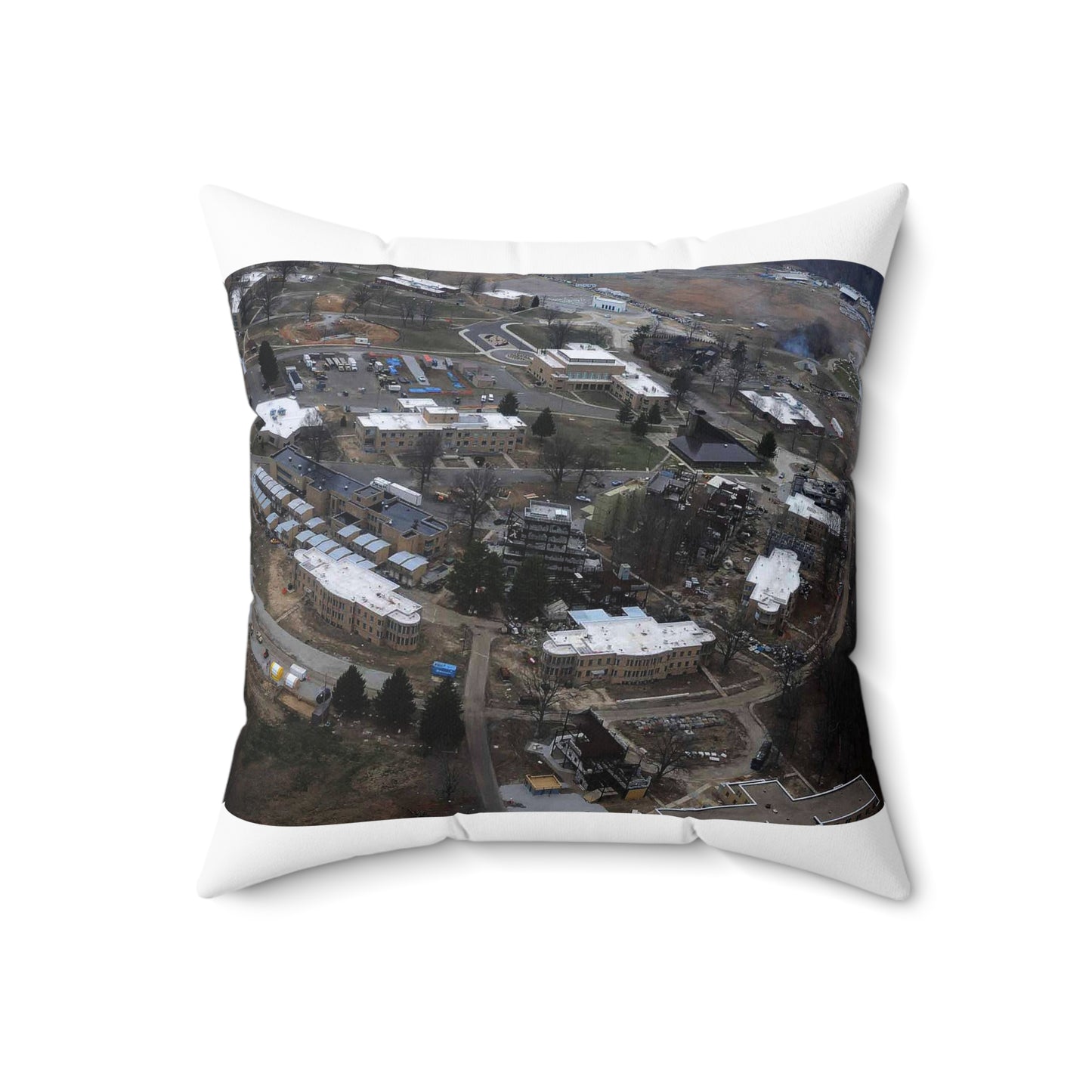 An aerial view of the Muscatatuck Urban Training Center Decorative Accent Square Pillow