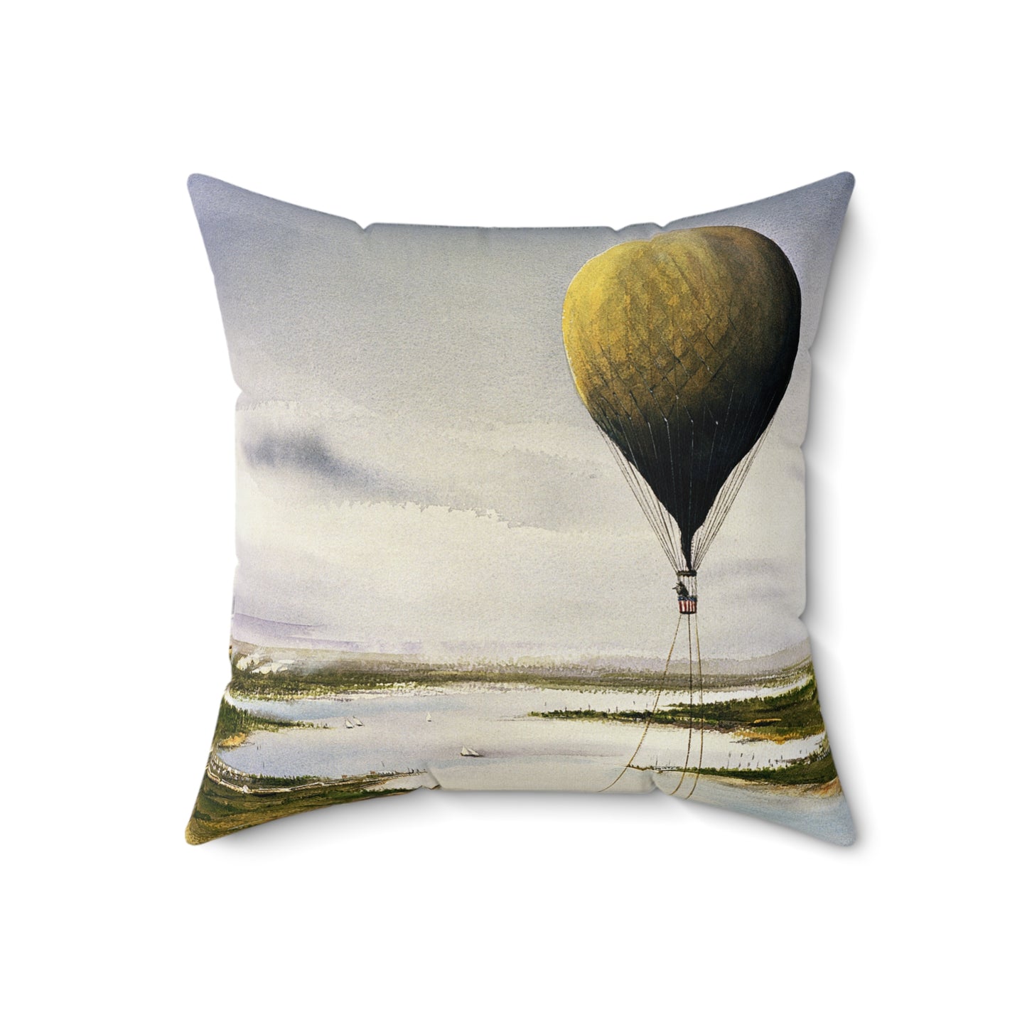 Artwork: "T.S.C. Lowe's Ballon Tethered at 1,000 Feet Above the York River in 1862". Artist: John McCoy Decorative Accent Square Pillow