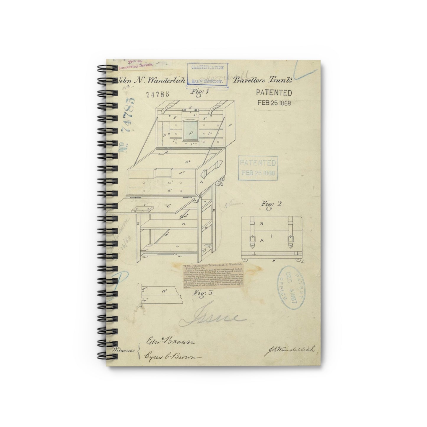 Patent Drawing of Engine - Drawing of a Travelers Trunk Public domain image Spiral Bound Ruled Notebook with Printed Cover