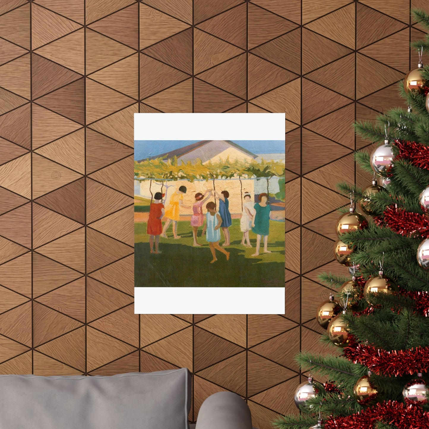 Petrona Viera - A painting of a group of children playing with a kite High Quality Matte Wall Art Poster for Home, Office, Classroom