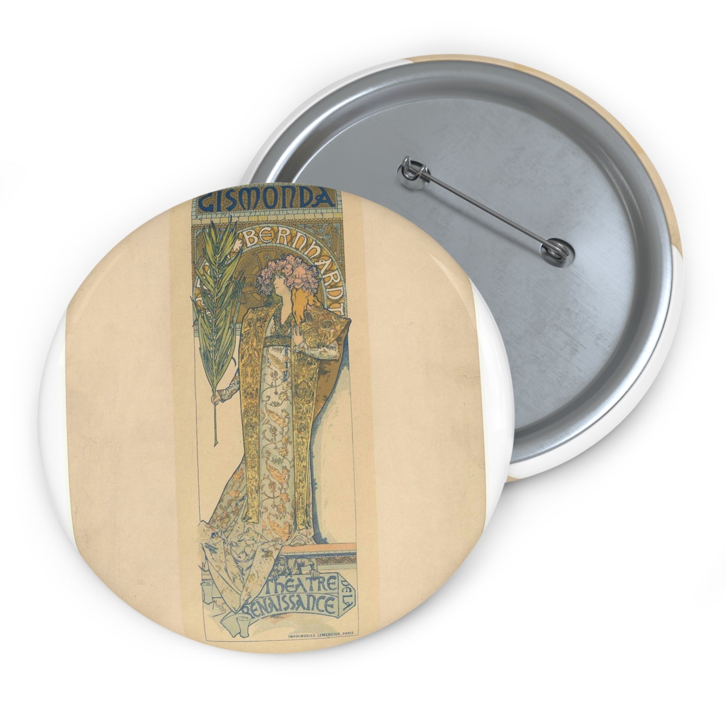 Alphonse Mucha - Poster for Victorien Sardou's Gismonda starring Sarah Bernhardt - Original Pin Buttons with Crisp Design