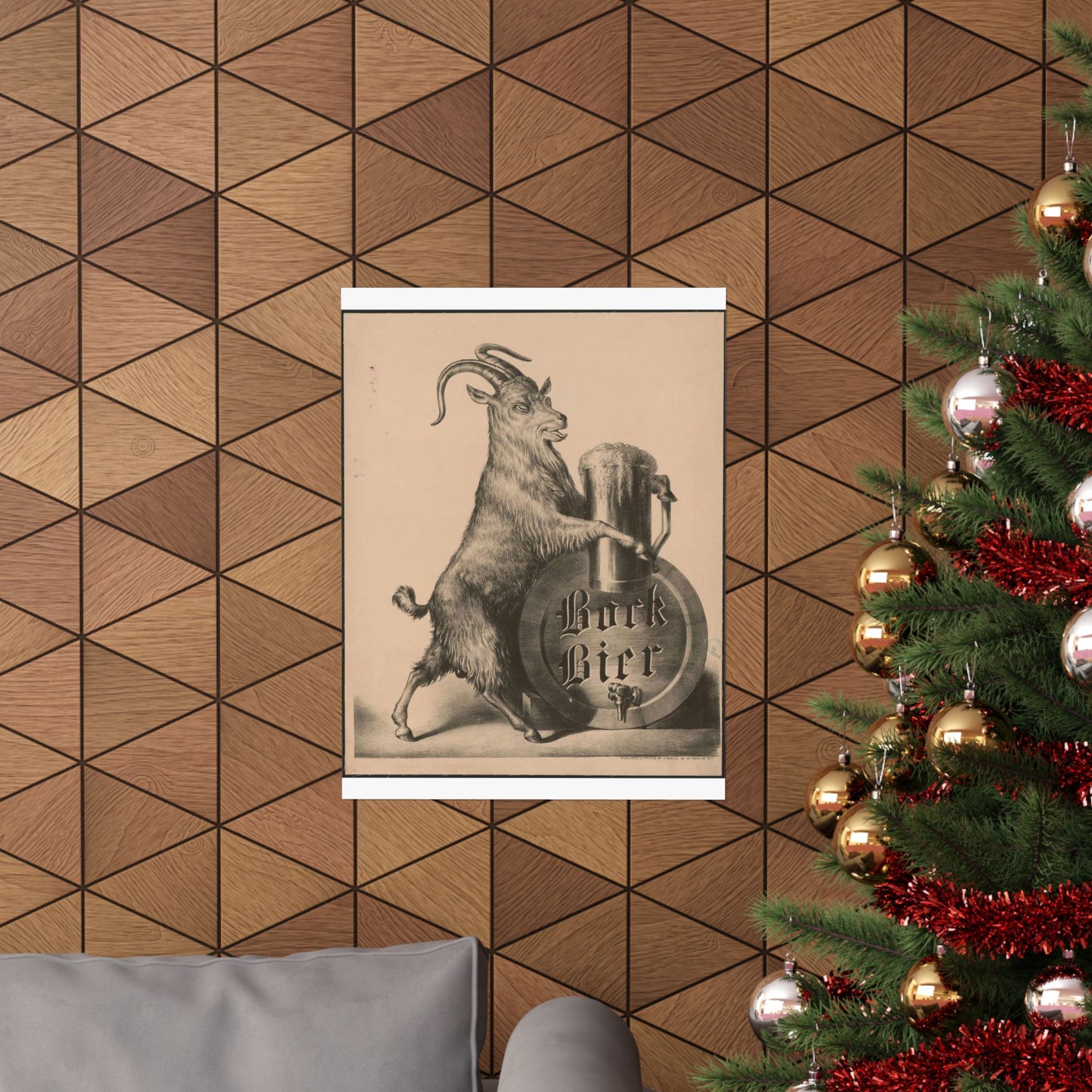 Bock Bier goat on hind legs, holding large mug of beer with front hooves High Quality Matte Wall Art Poster for Home, Office, Classroom