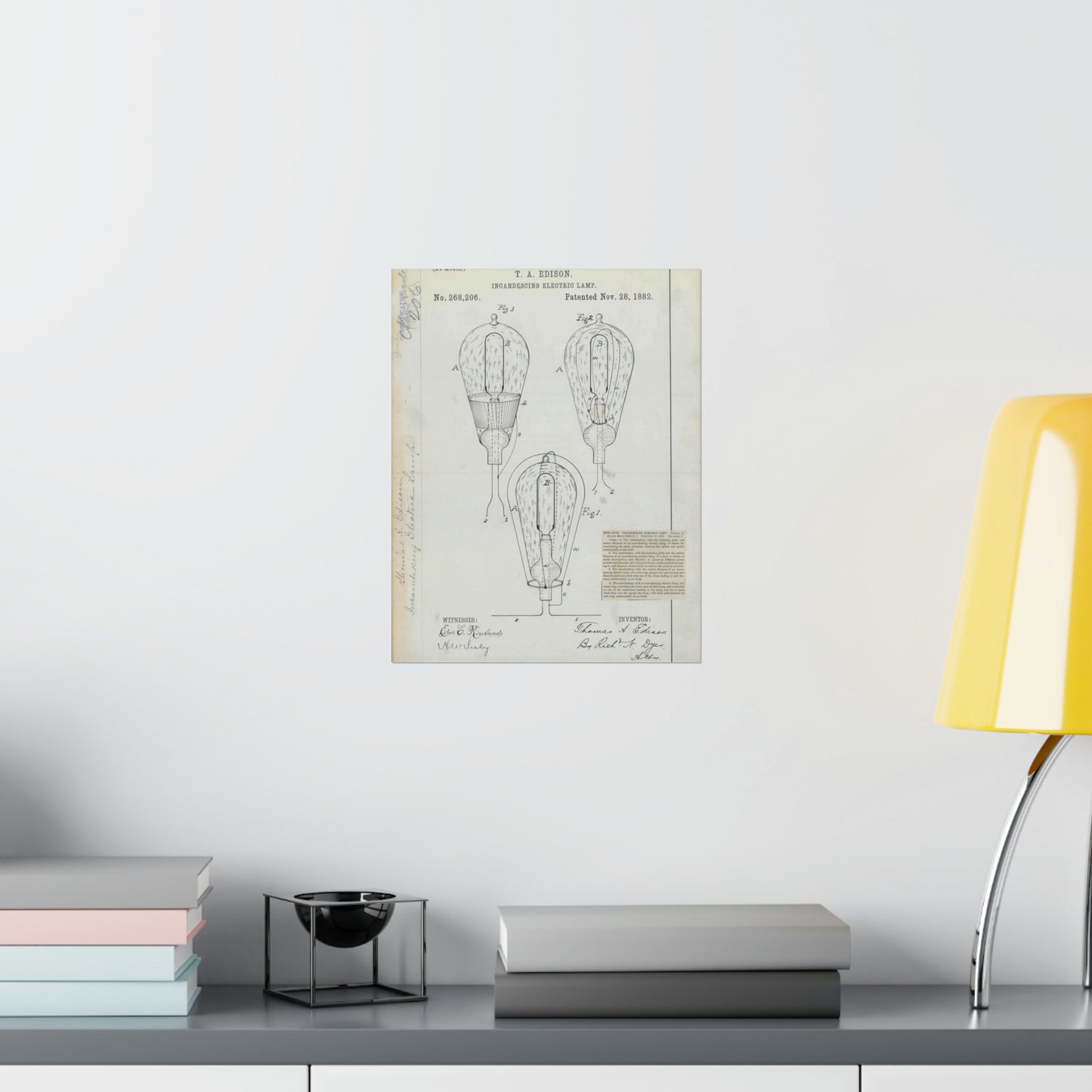 Patent drawing - for T. A. Edison's Incandescing Electric Lamp Public domain image High Quality Matte Wall Art Poster for Home, Office, Classroom