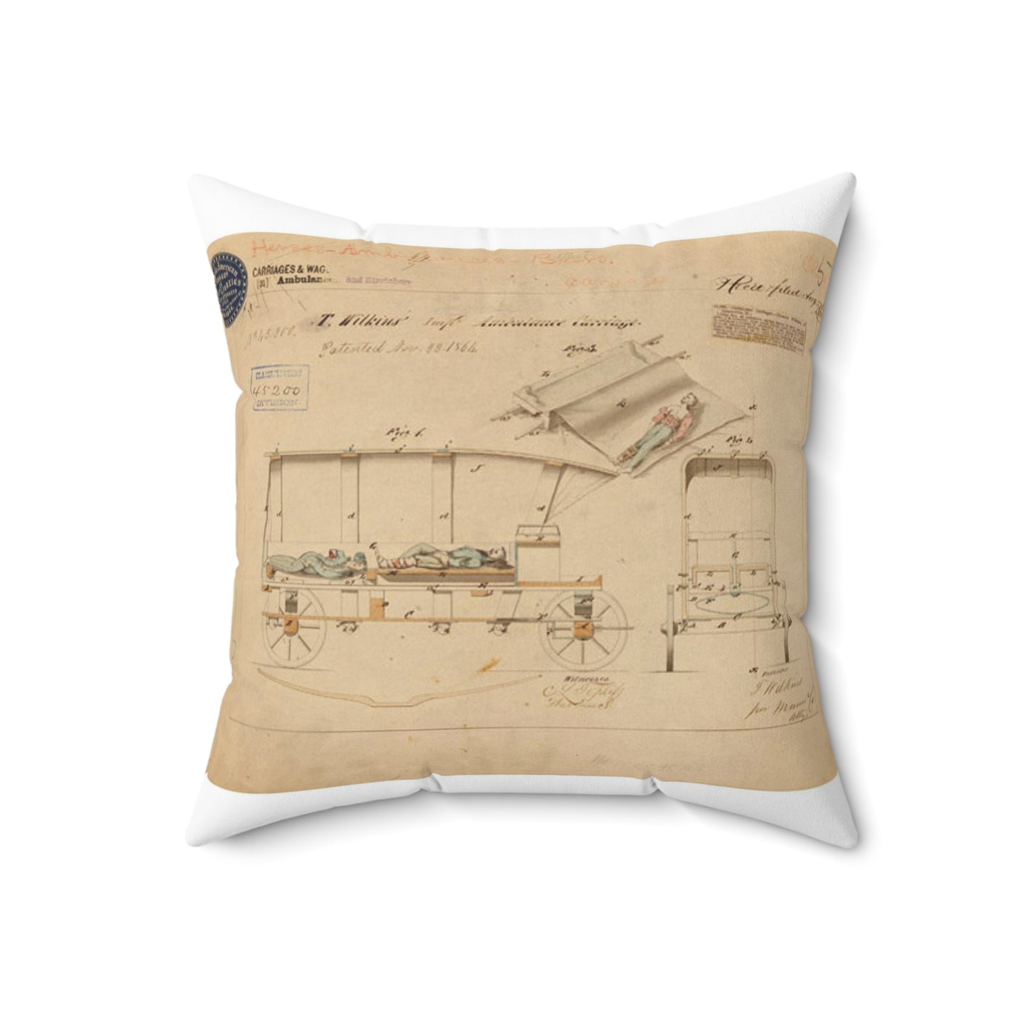 Patent drawing - Drawing of Improved Ambulance Carriage Public domain image Decorative Accent Square Pillow