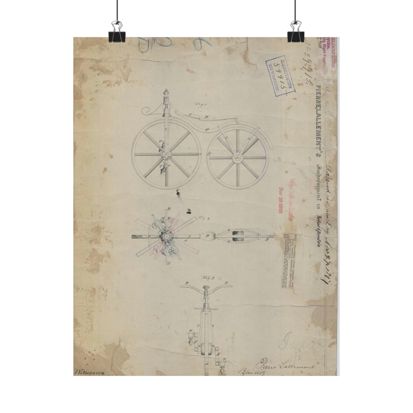 Patent drawing - for Pierre Lallement's Improvement in Velocipedes Public domain image High Quality Matte Wall Art Poster for Home, Office, Classroom