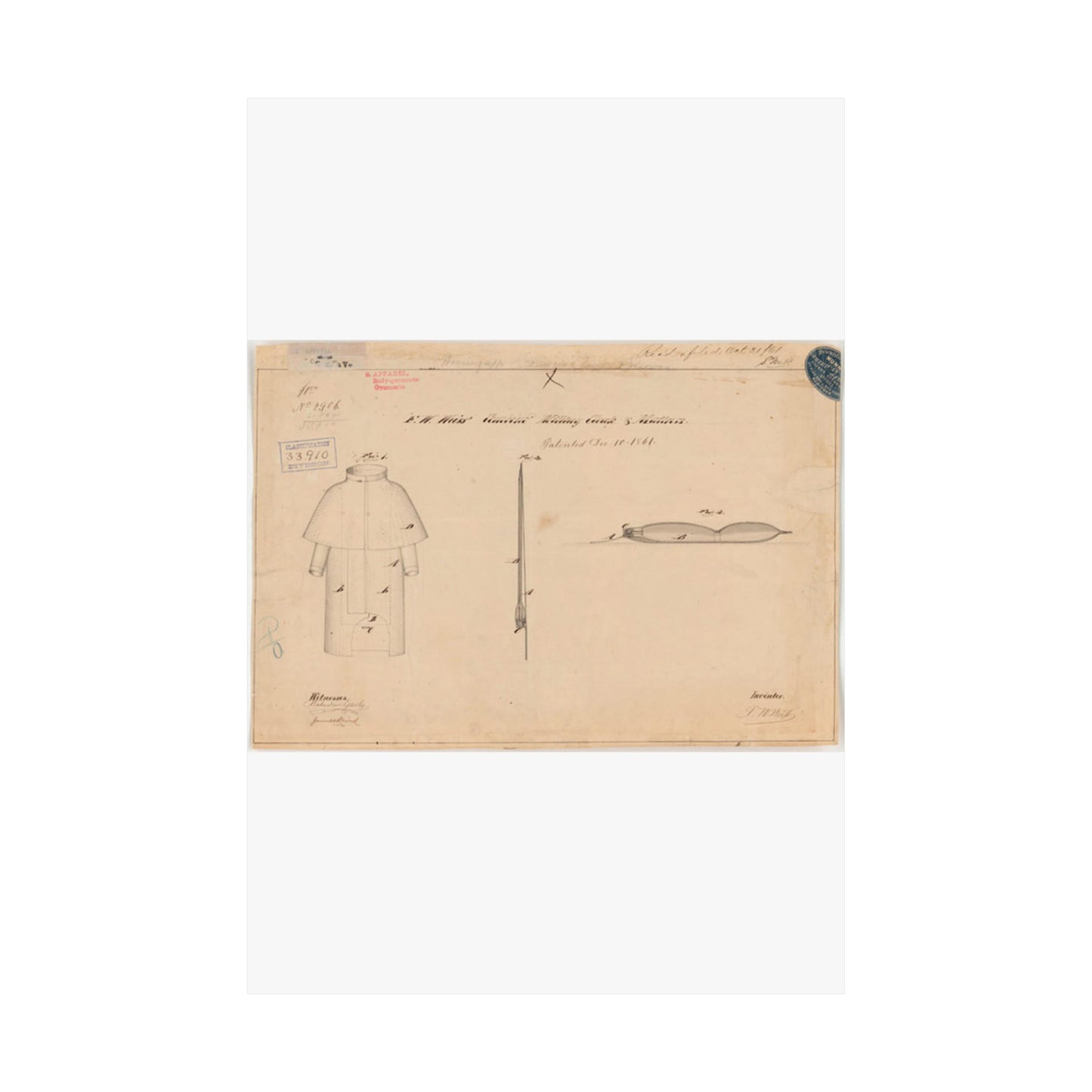 Patent drawing - Drawing of Combined Military Cloak and Mattress Public domain image High Quality Matte Wall Art Poster for Home, Office, Classroom
