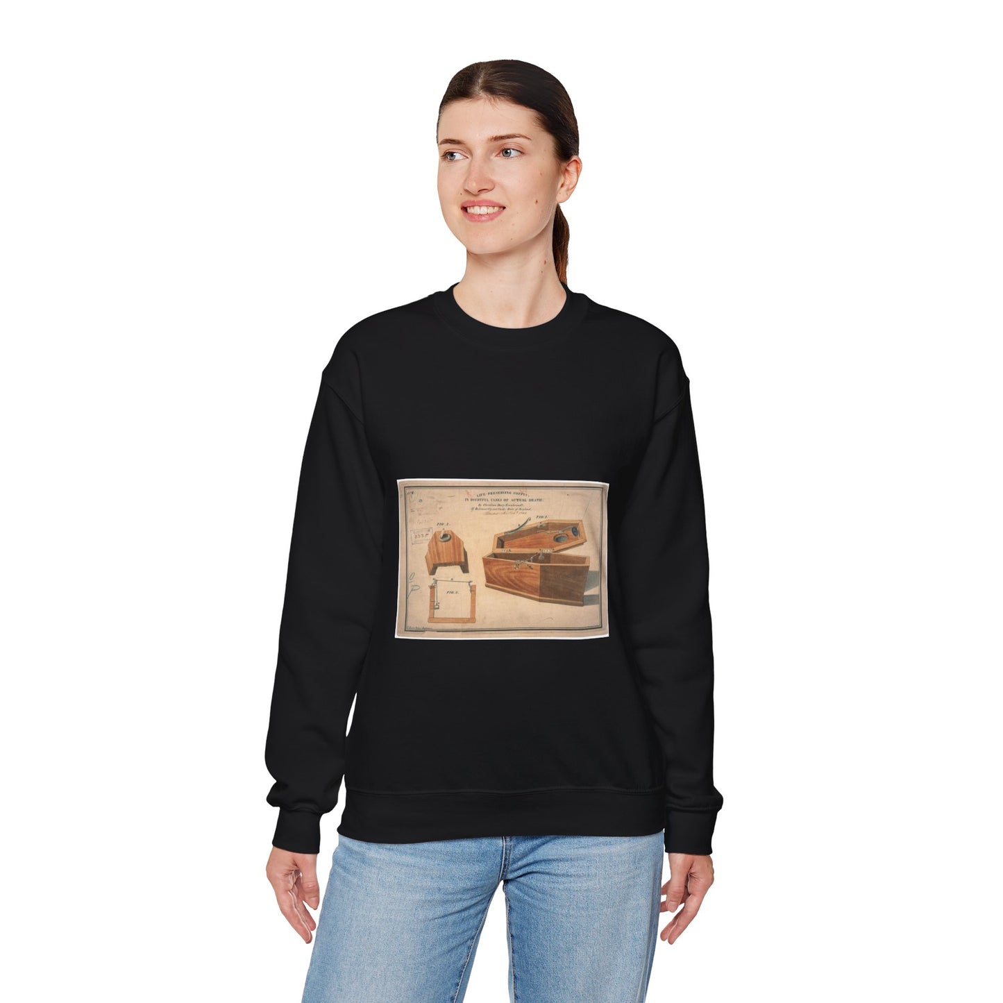 Patent drawing - Drawing for a Life - Preserving Coffin Public domain image Black Heavy Blend Adult Crew Neck SweatShirt