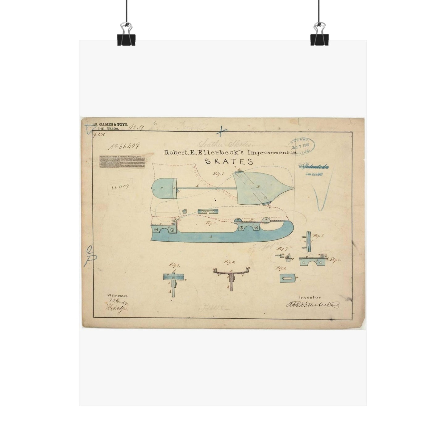 Patent drawing - Drawing of Improvement in Skates Public domain image High Quality Matte Wall Art Poster for Home, Office, Classroom