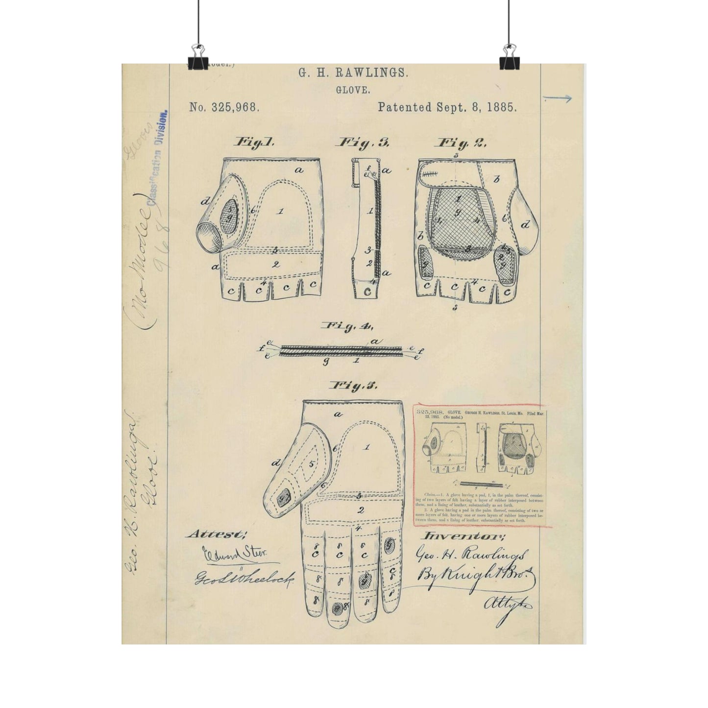 Patent drawing - Drawing for a "Base Ball Glove" Public domain image High Quality Matte Wall Art Poster for Home, Office, Classroom