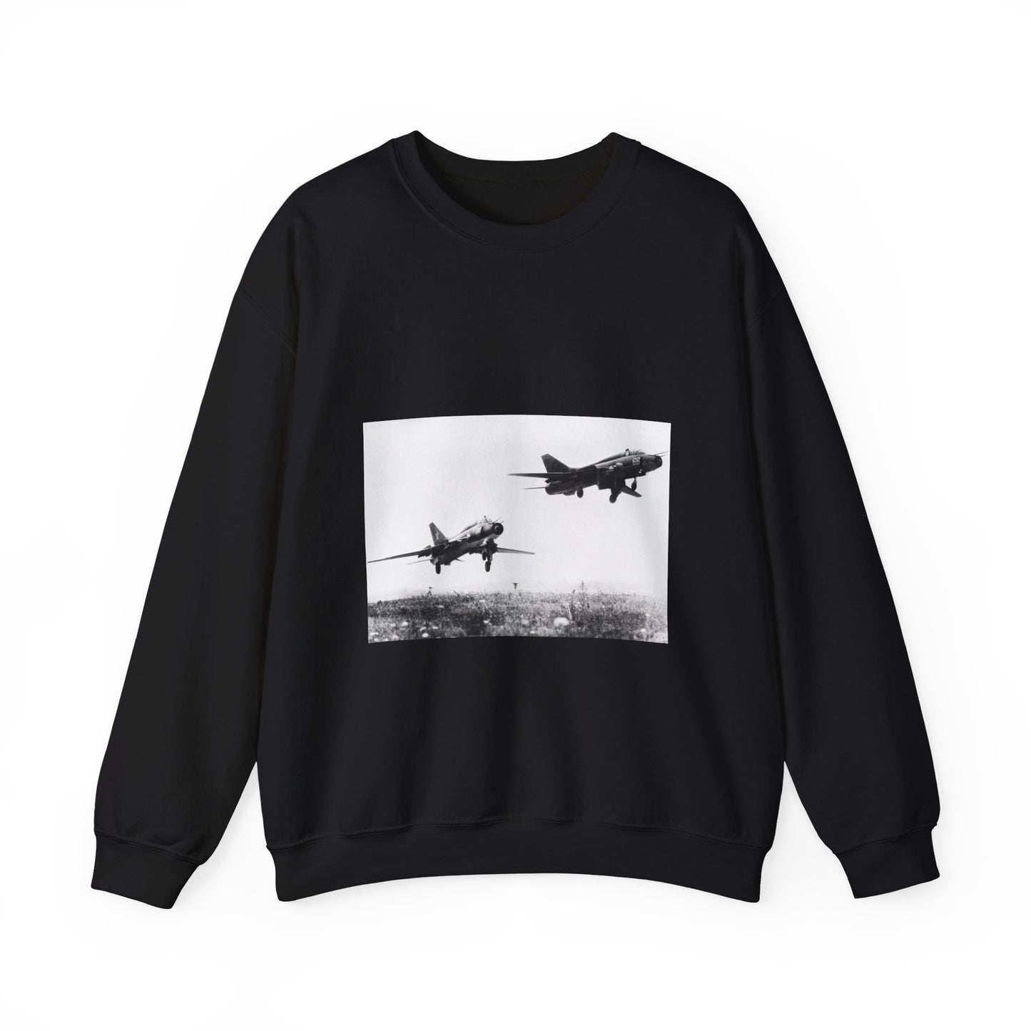 A right side view of a Soviet Su-17 Fitter-G, right, and a Fitter-H aircraft taking off together Black Heavy Blend Adult Crew Neck SweatShirt