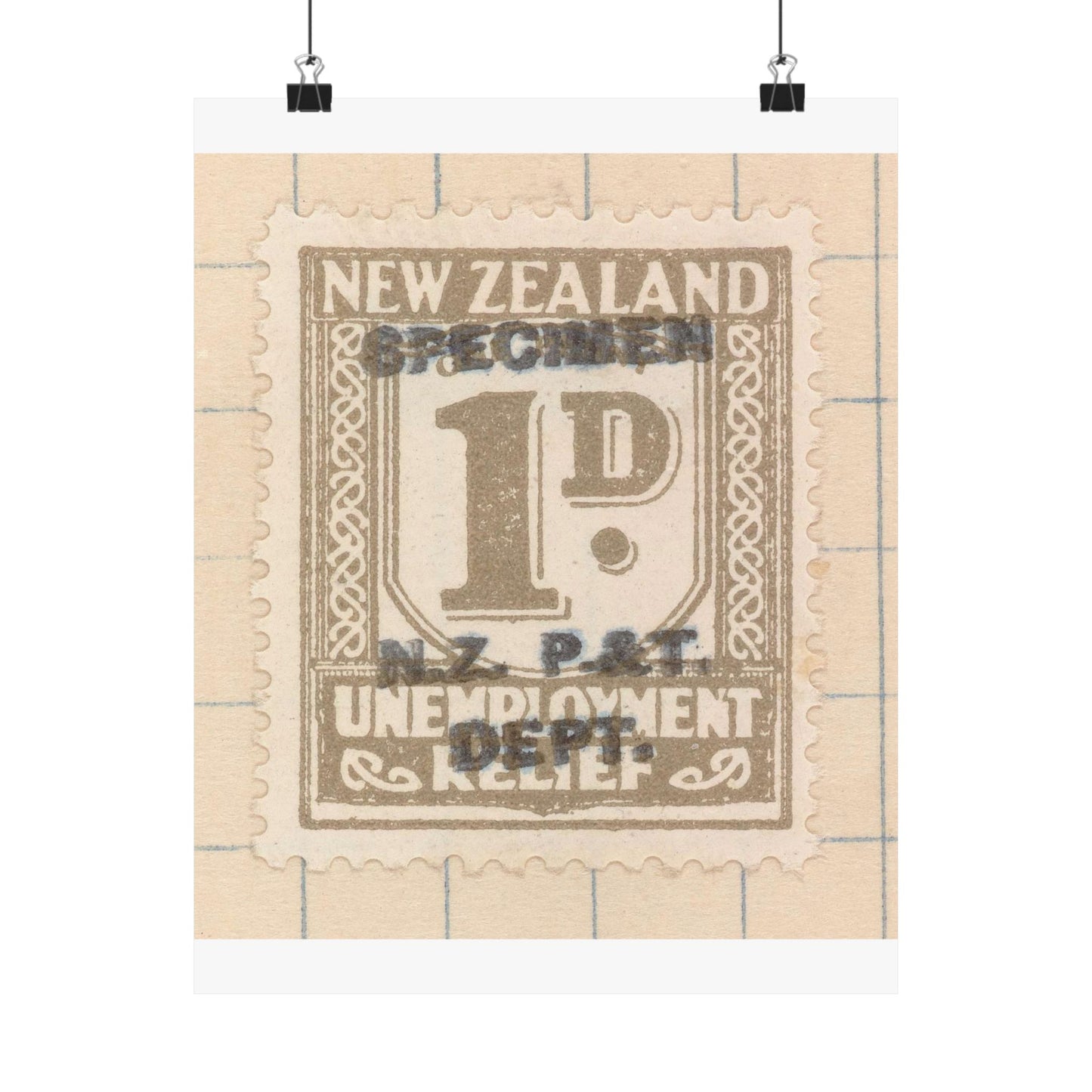 One penny Unemployment Relief stamp overprinted 'Specimen' High Quality Matte Wall Art Poster for Home, Office, Classroom