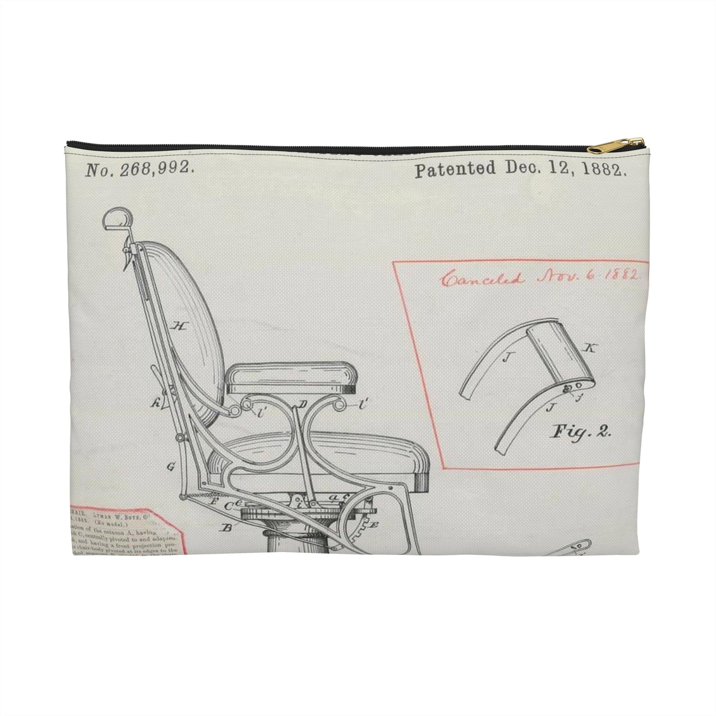 Patent drawing - for L. W. Boys' Barber's Chair Public domain image Large Organizer Pouch with Black Zipper