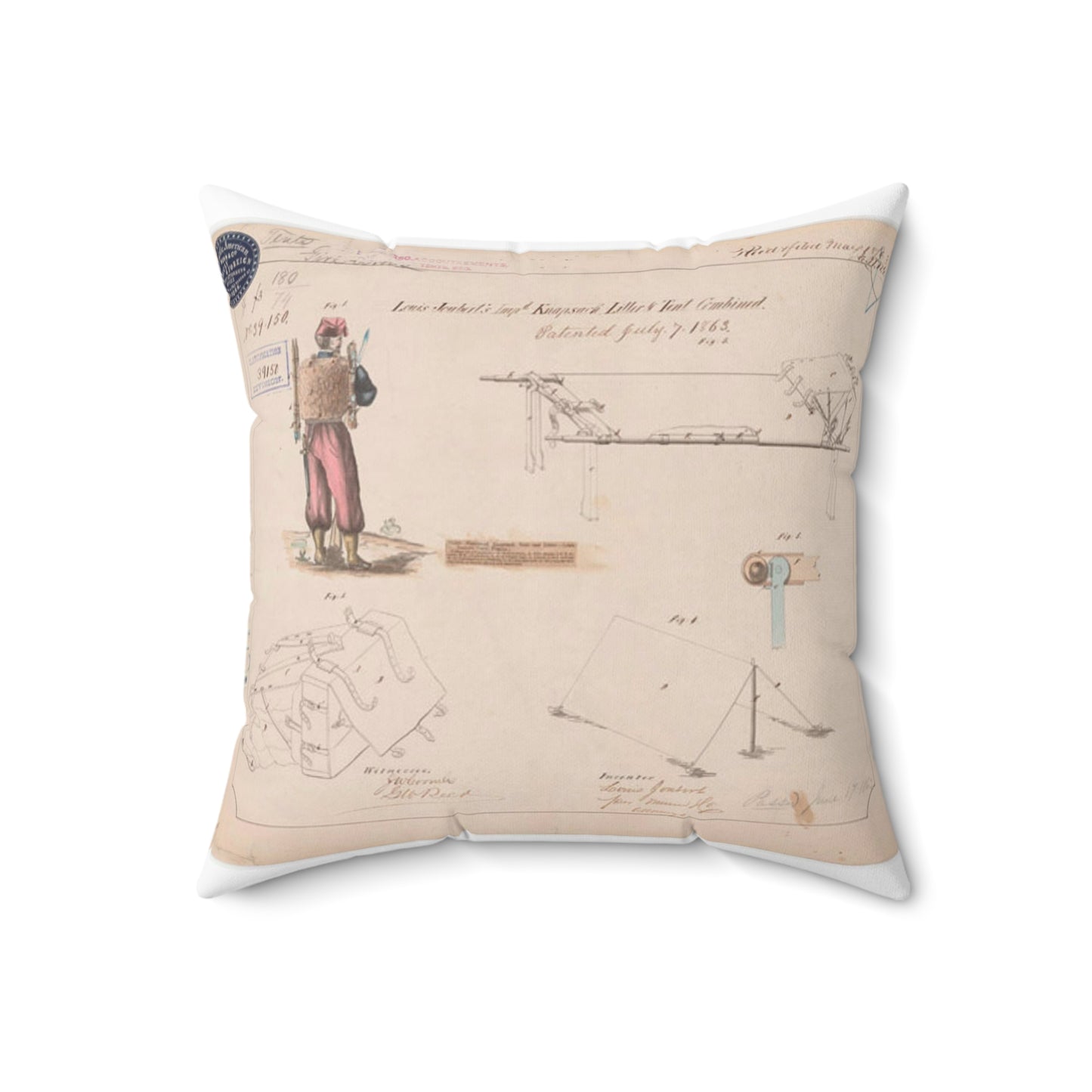 Patent drawing - Drawing of Improved Knapsack, Litter and Tent Combined Public domain image Decorative Accent Square Pillow