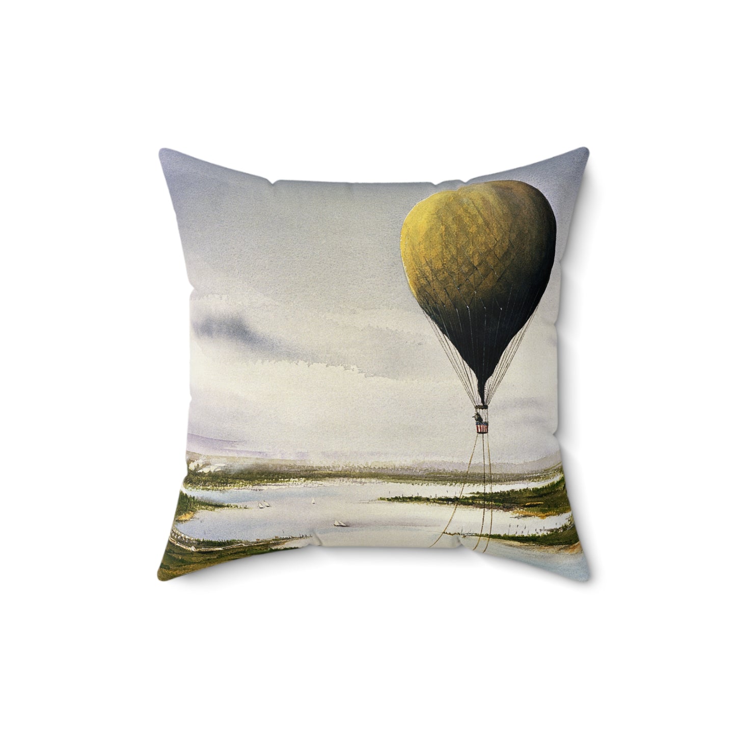 Artwork: "T.S.C. Lowe's Ballon Tethered at 1,000 Feet Above the York River in 1862". Artist: John McCoy Decorative Accent Square Pillow