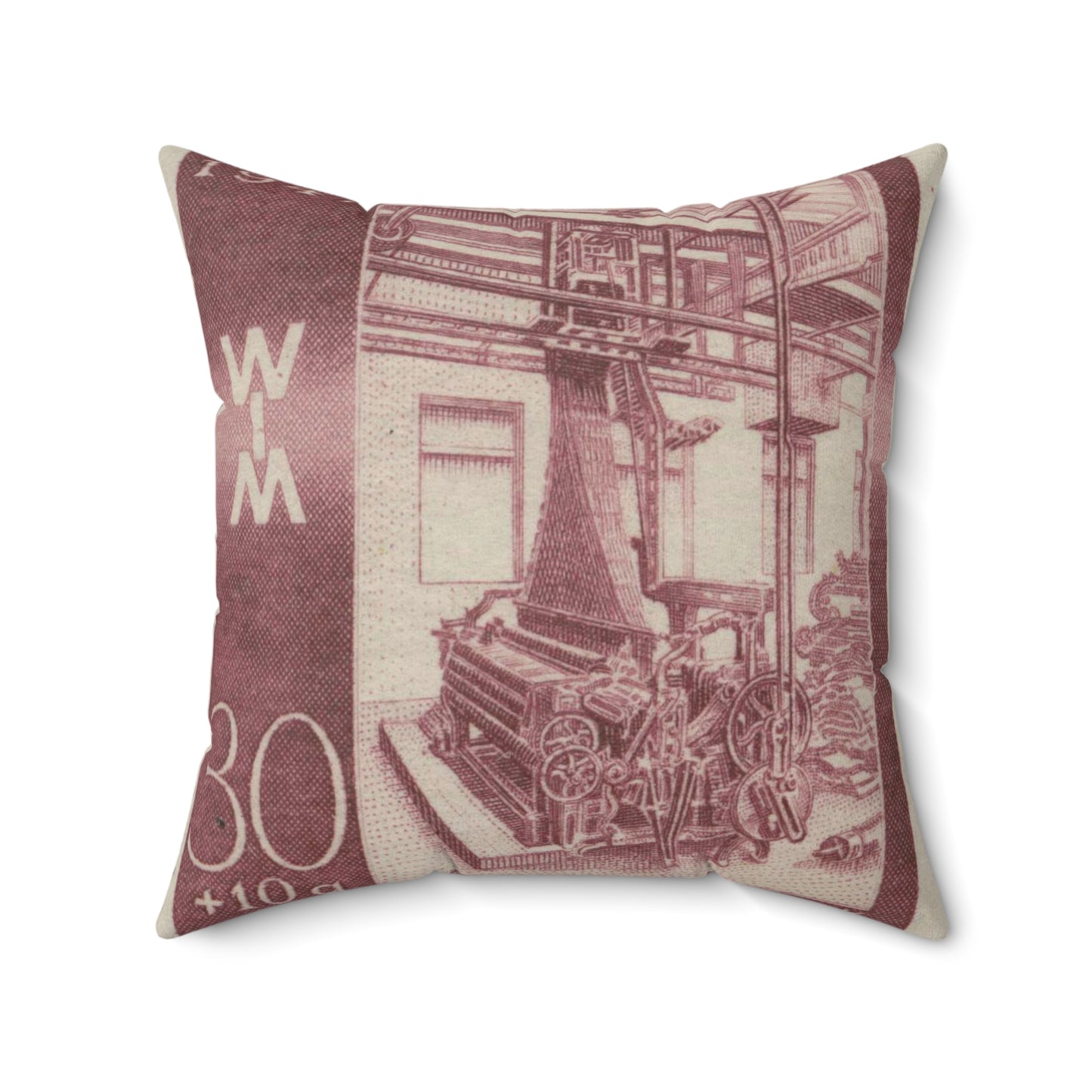Frimärke ur Gösta Bodmans filatelistiska motivsamling, påbörjad 1950.Frimärke från Österrike, 1947. Motiv av jacquardvävstol i Österrike 1947. "Wienermässan 1947" Decorative Accent Square Pillow