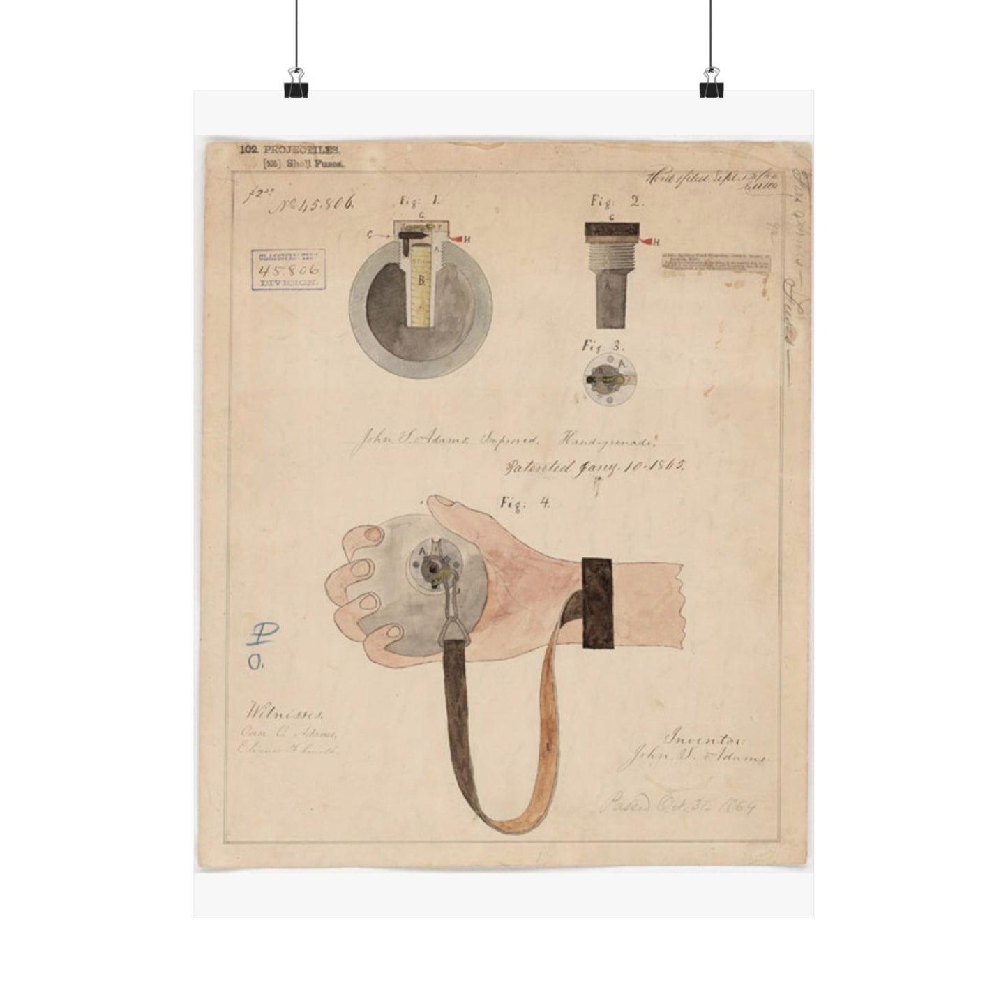 Patent drawing - Drawing of Improved Hand Grenade Public domain image High Quality Matte Wall Art Poster for Home, Office, Classroom