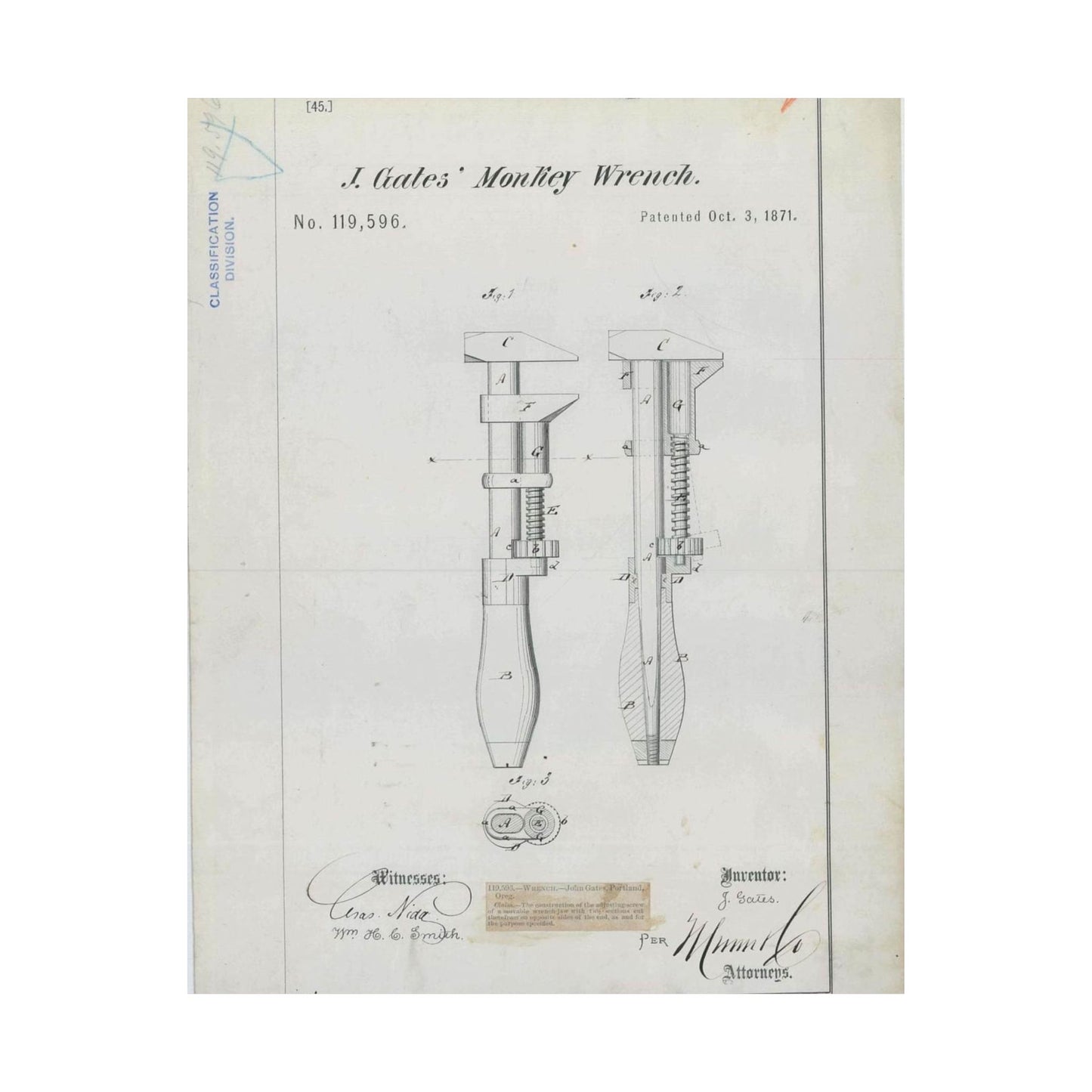 Patent Drawing of Engine - for J. Gates' Monkey Wrench Public domain image High Quality Matte Wall Art Poster for Home, Office, Classroom