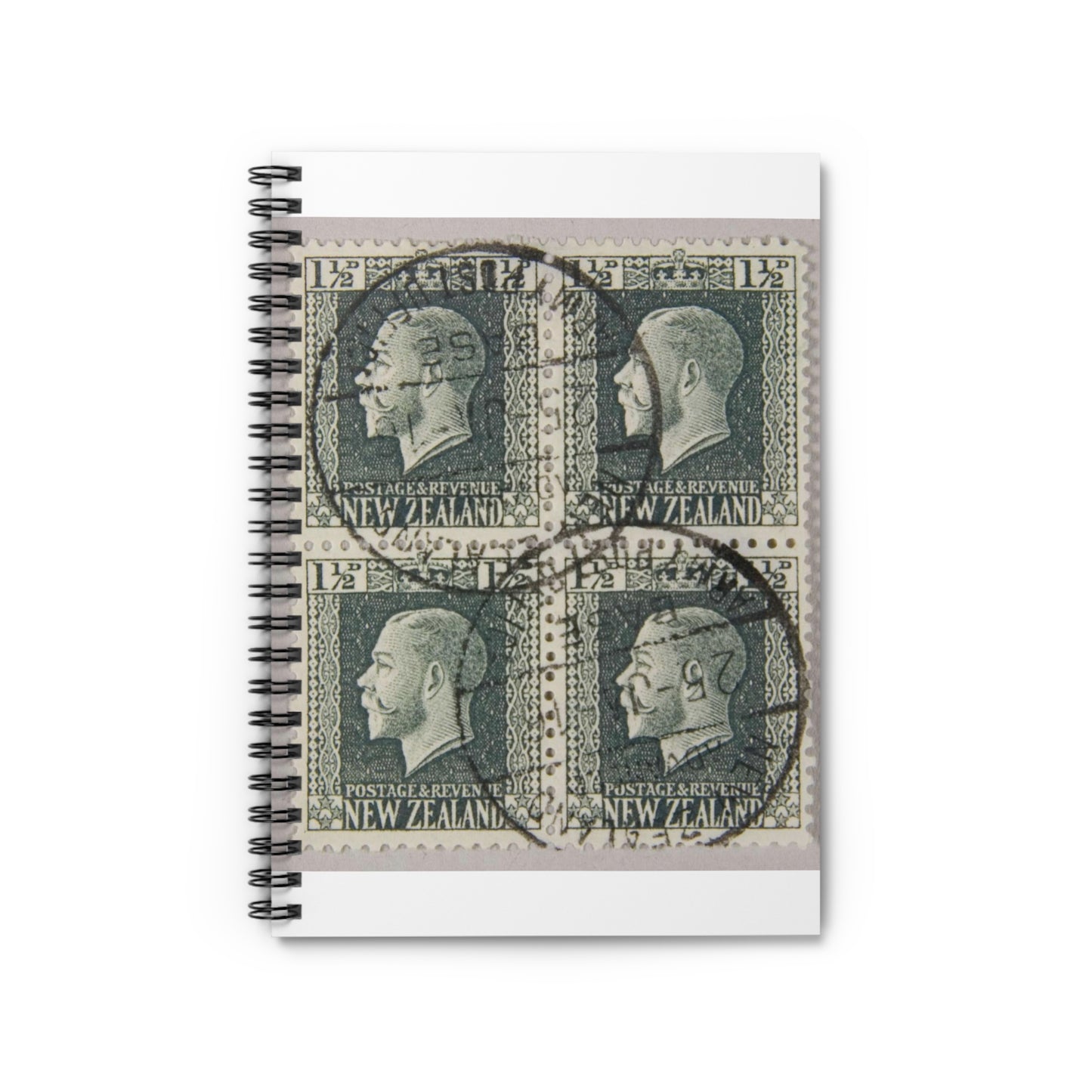 Block of one and a half penny 'King George V' definitive stamps in grey slate Spiral Bound Ruled Notebook with Printed Cover