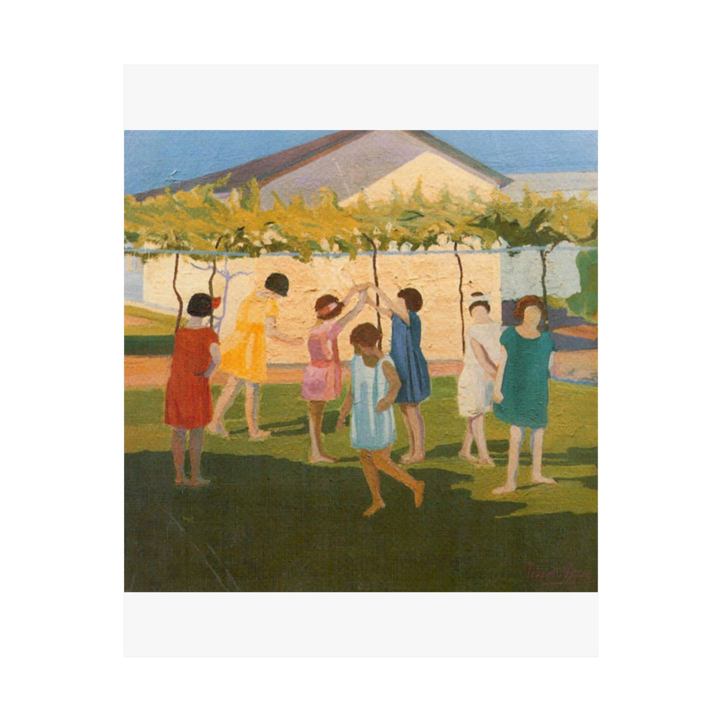 Petrona Viera - A painting of a group of children playing with a kite High Quality Matte Wall Art Poster for Home, Office, Classroom