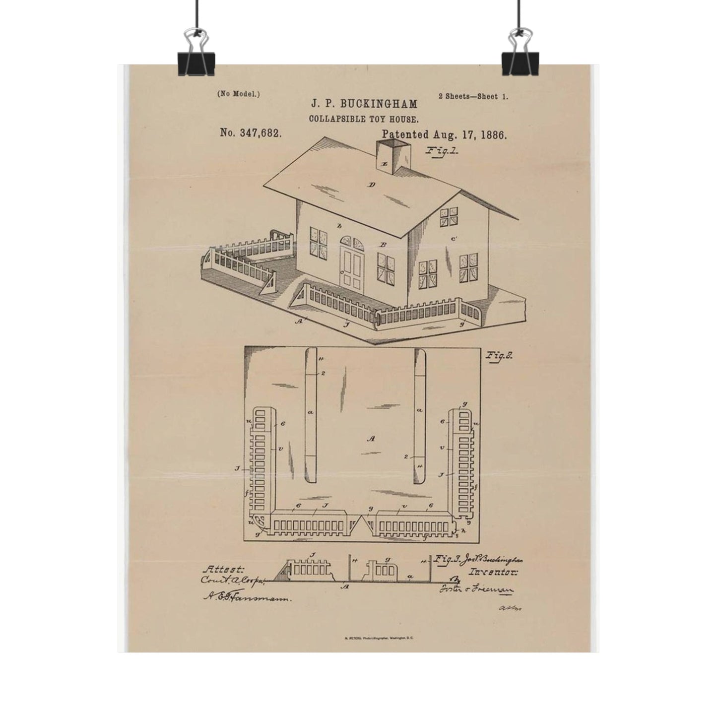 Patent Drawing of Engine - Drawing for a Collapsible Toy House Public domain image High Quality Matte Wall Art Poster for Home, Office, Classroom