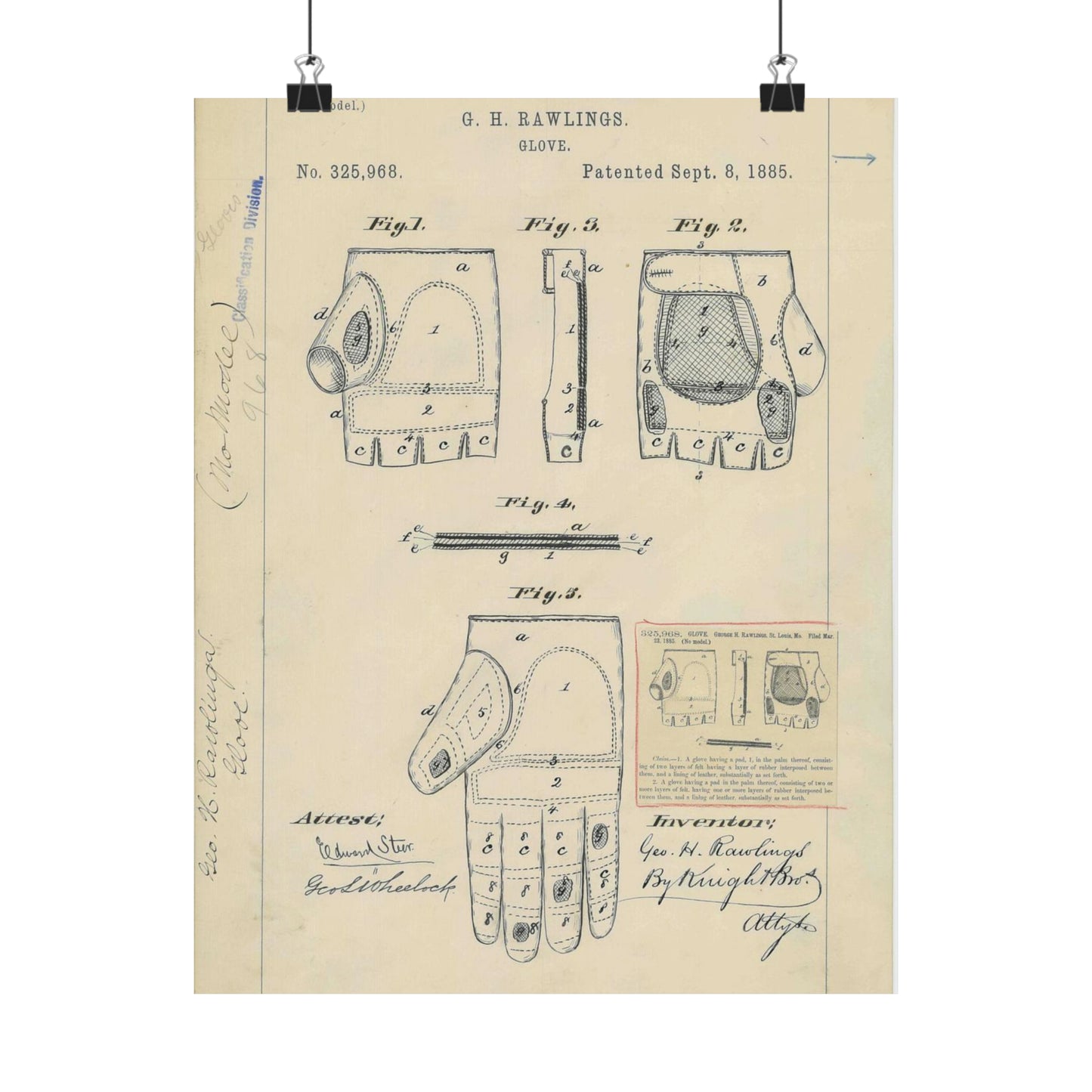 Patent drawing - Drawing for a "Base Ball Glove" Public domain image High Quality Matte Wall Art Poster for Home, Office, Classroom