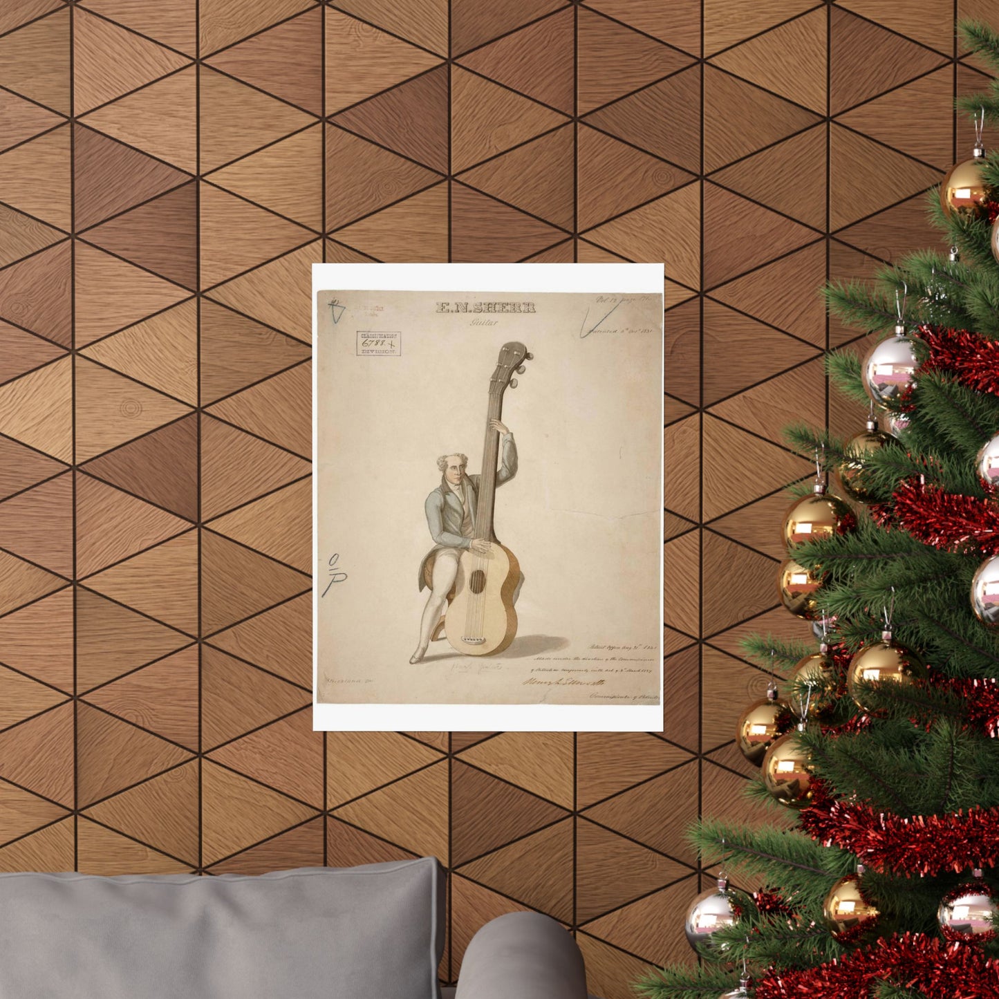 Patent drawing - Drawing of a Harp Guitar Public domain image High Quality Matte Wall Art Poster for Home, Office, Classroom