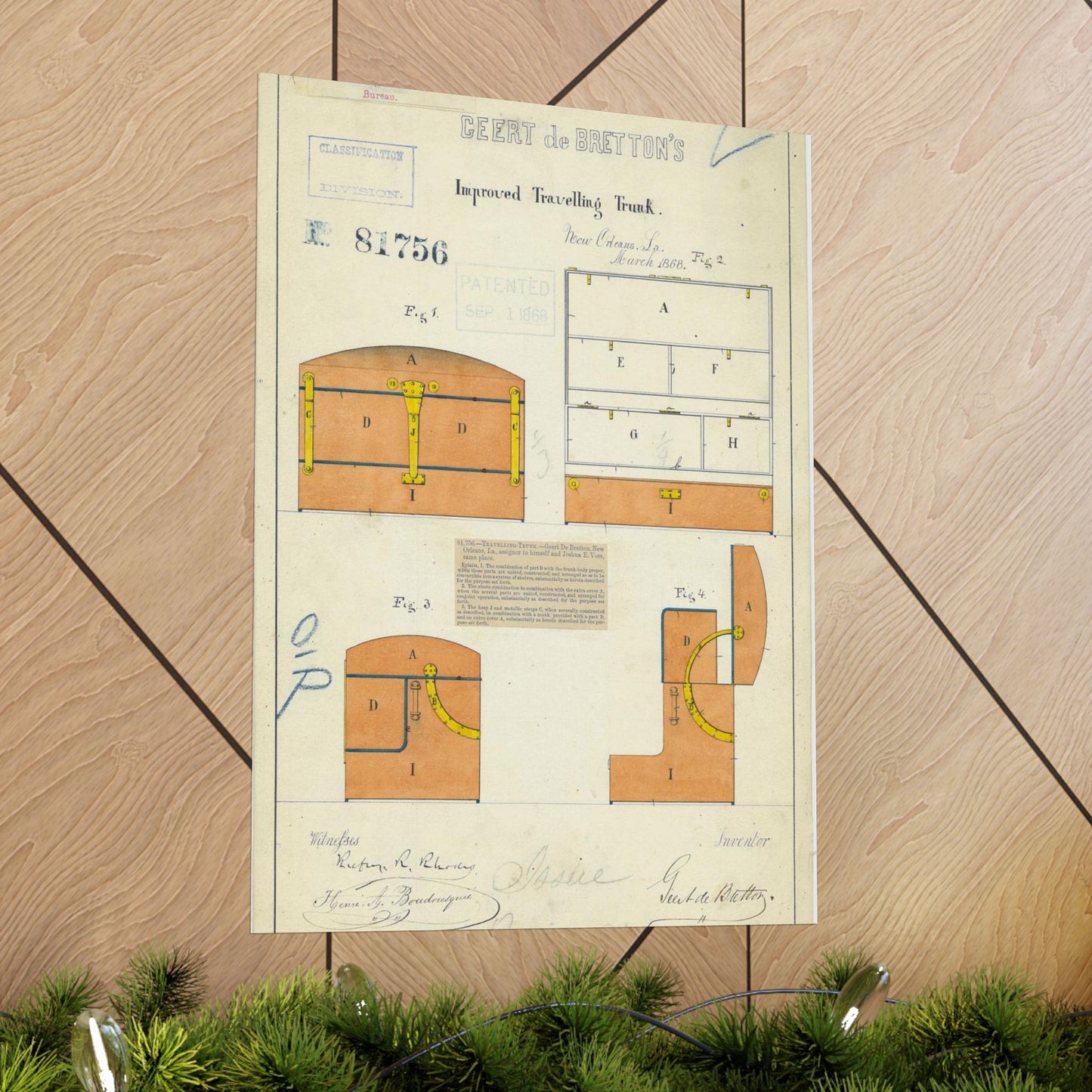 Patent drawing - Drawing of an Improved Traveling Trunk Public domain image High Quality Matte Wall Art Poster for Home, Office, Classroom
