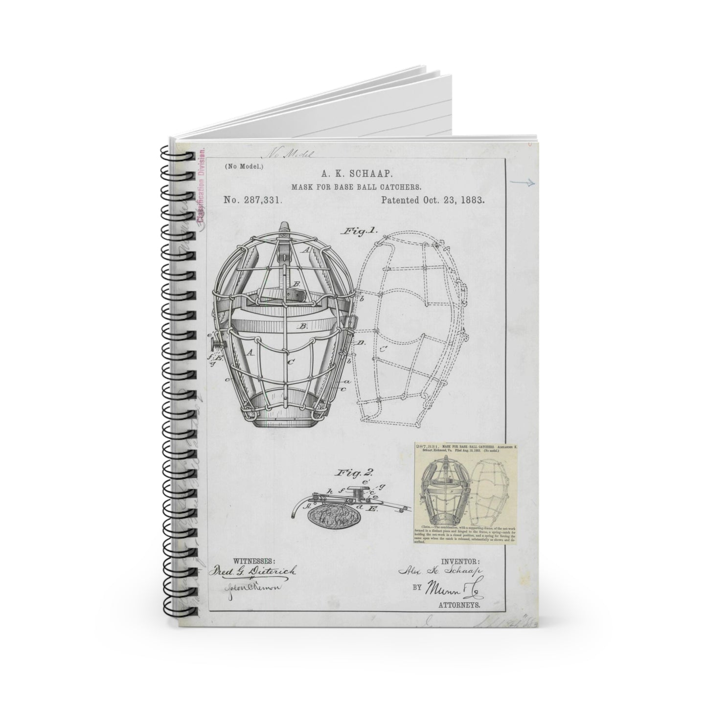 Patent drawing - Drawing of a "Mask for Base Ball Catchers" Public domain image Spiral Bound Ruled Notebook with Printed Cover