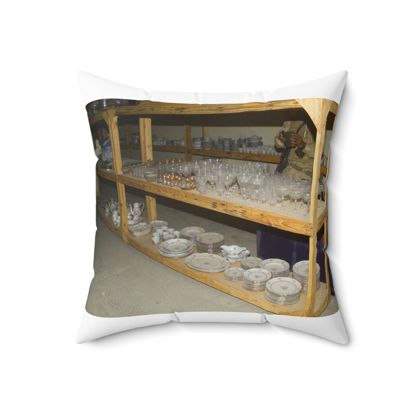 Various sets of crystal and chinaware found in the basement, in one of Saddam Hussein's palaces in Baghdad during Operation IRAQI FREEDOM Decorative Accent Square Pillow
