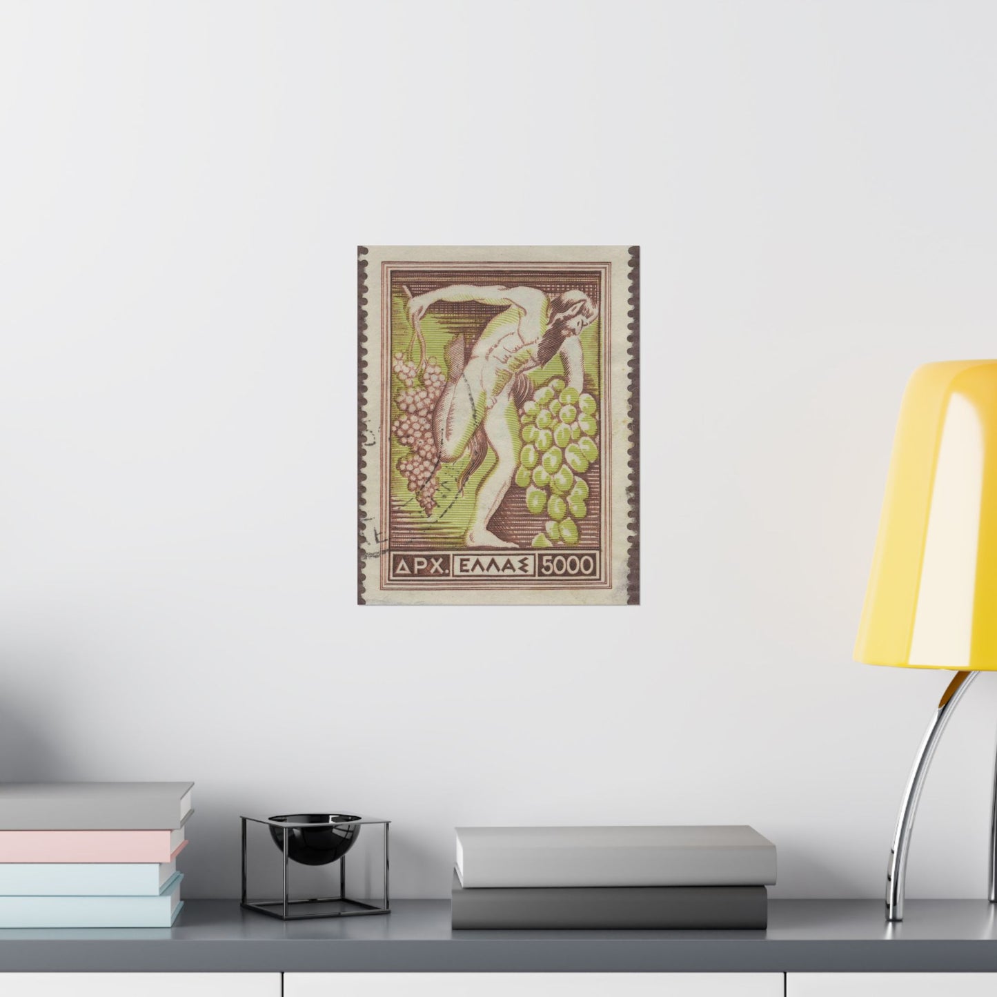 Frimärke ur Gösta Bodmans filatelistiska motivsamling, påbörjad 1950.Frimärke från Grekland, 1953. Motiv av Bacchus med vindruvsklasar. High Quality Matte Wall Art Poster for Home, Office, Classroom
