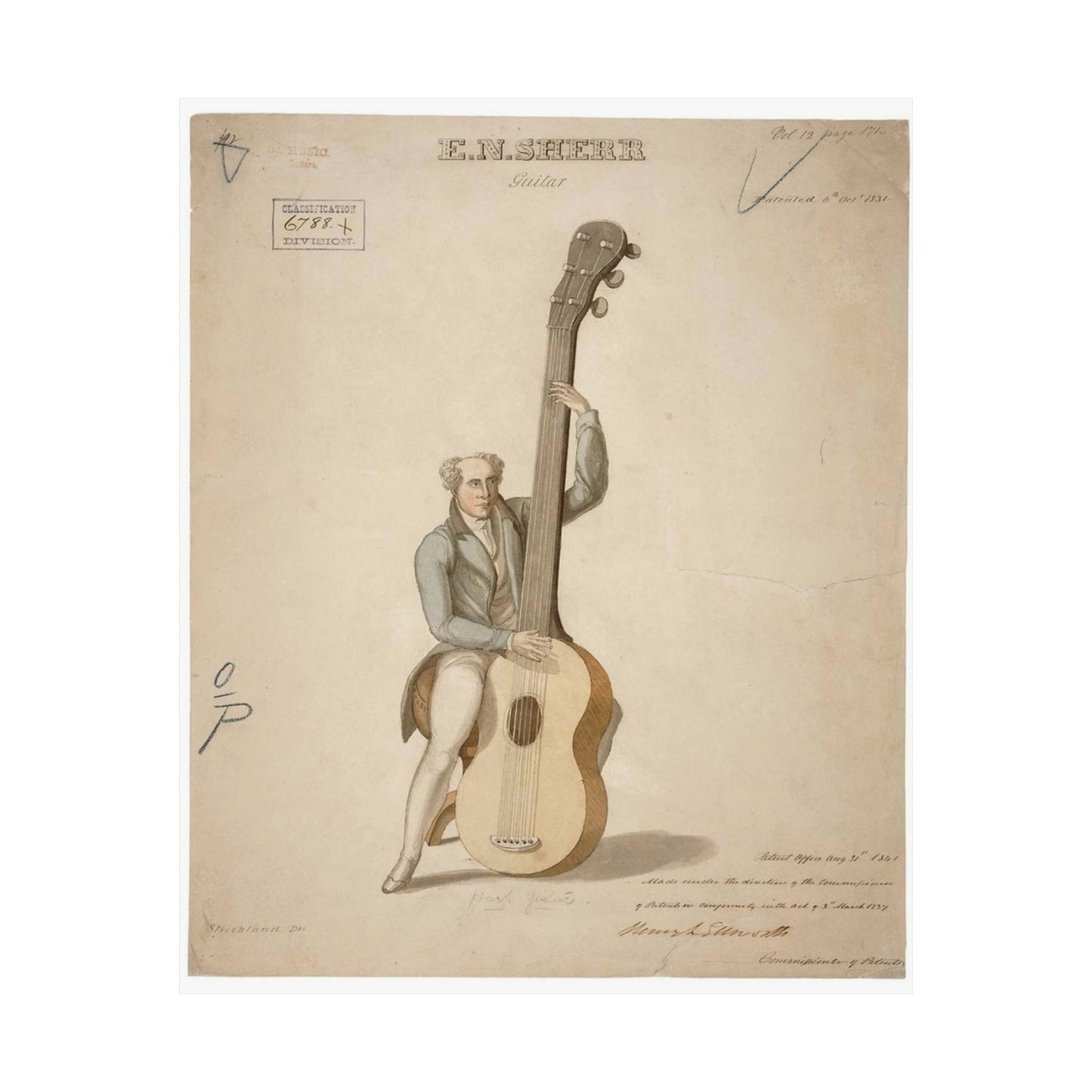 Patent drawing - Drawing of a Harp Guitar Public domain image High Quality Matte Wall Art Poster for Home, Office, Classroom