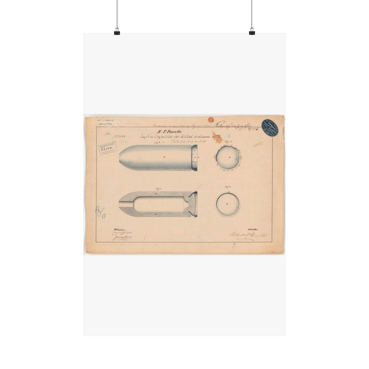 Patent drawing - Drawing of Improvement in Projectiles for Rifled Ordnance Public domain image High Quality Matte Wall Art Poster for Home, Office, Classroom