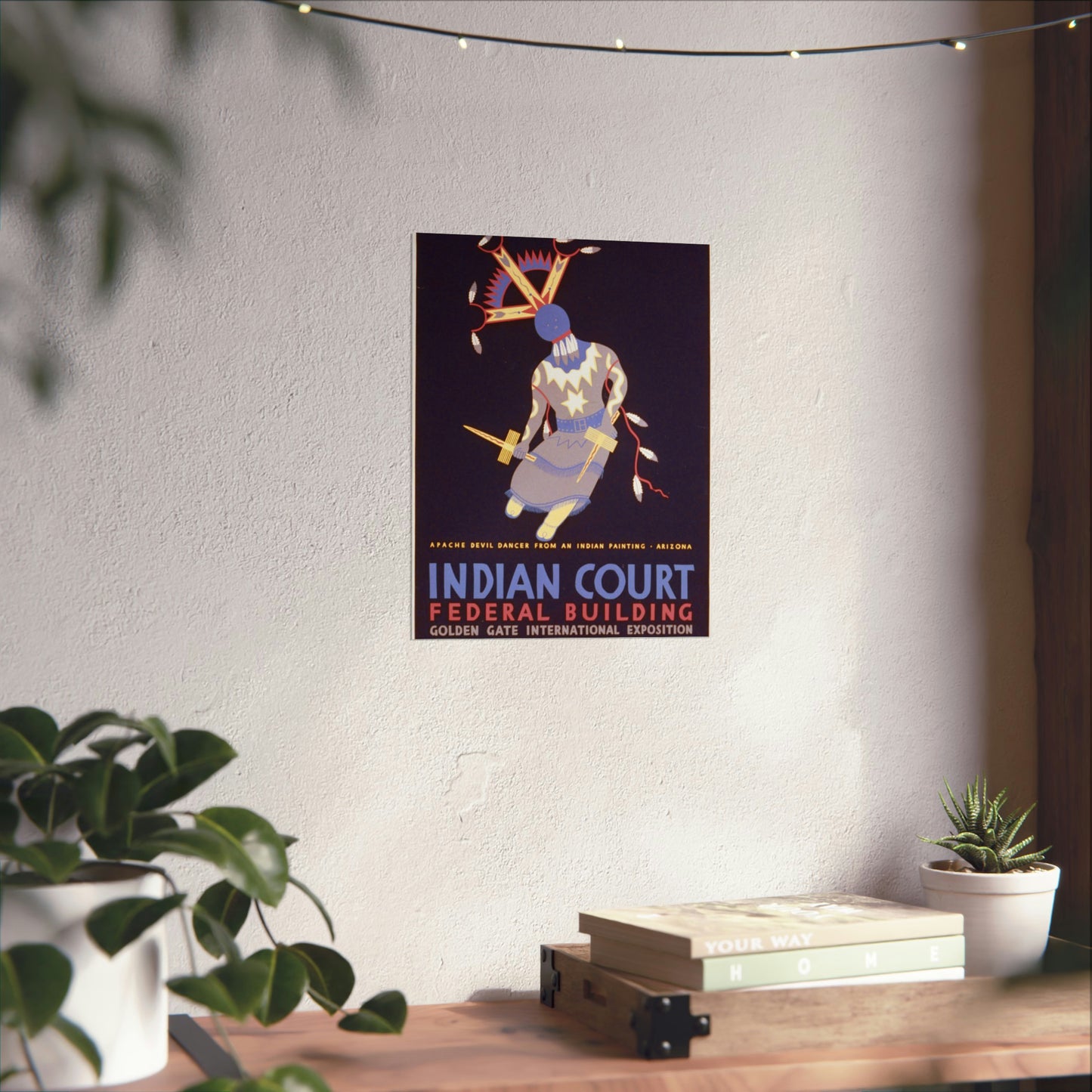 Indian court, Federal Building, Golden Gate International Exposition, San Francisco, 1939 Apache devil dancer from an Indian painting, Arizona / / Siegriest. High Quality Matte Wall Art Poster for Home, Office, Classroom