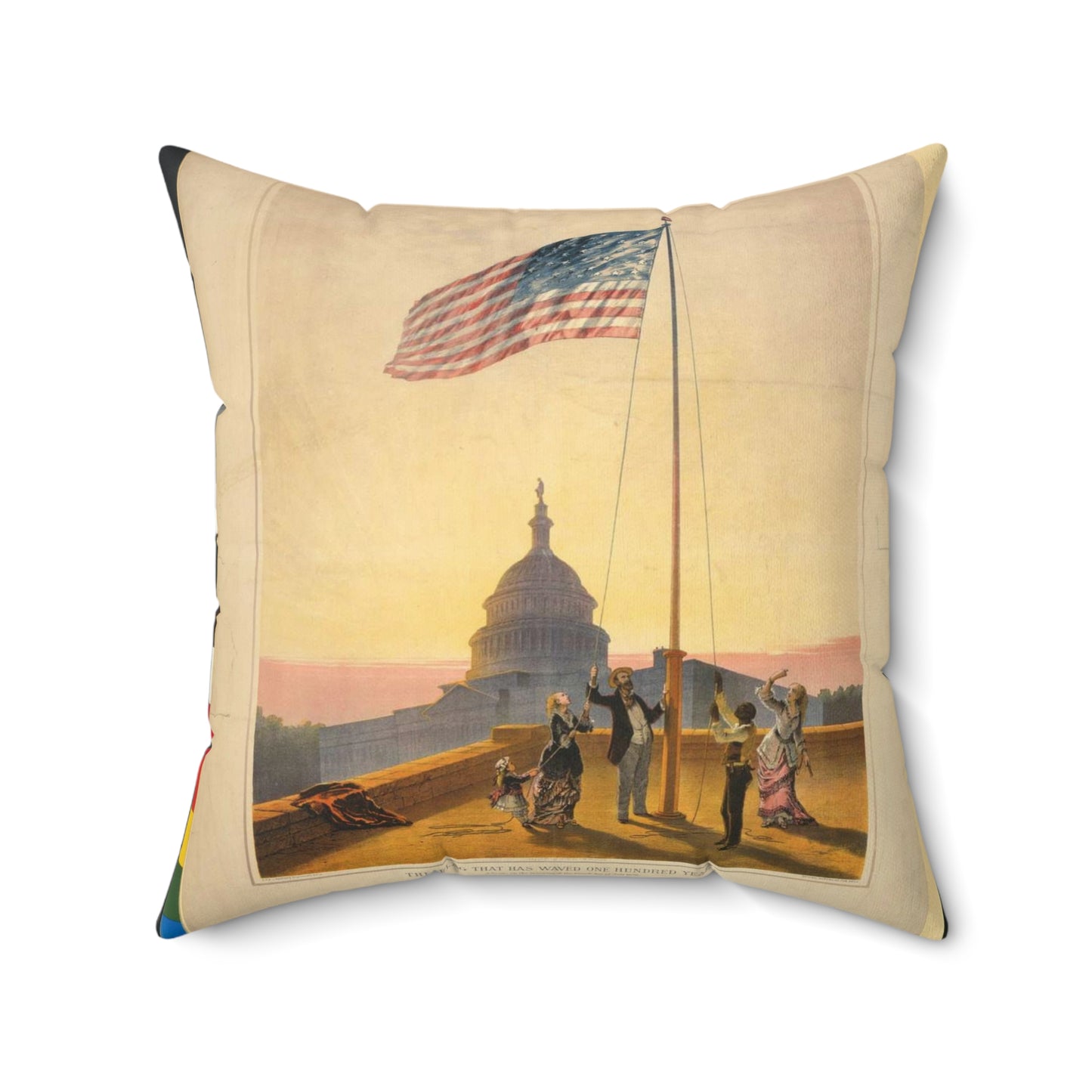 The flag that has waved one hundred years--A scene on the morning of the fourth day of July 1876 / Fabronius ; E.P. & L. Restein's oilchromo, Philadelphia. ; National Chromo Co. pub., Philadelphia. Decorative Accent Square Pillow