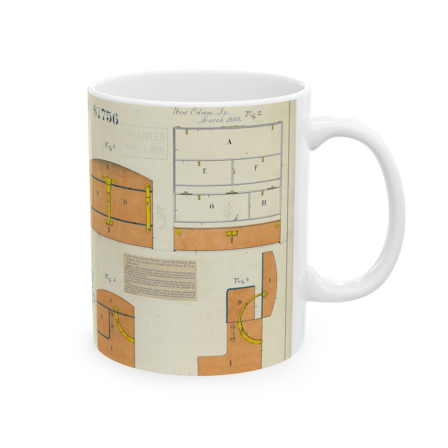 Patent drawing - Drawing of an Improved Traveling Trunk Public domain image Beautiful Novelty Ceramic Coffee Mug 11oz