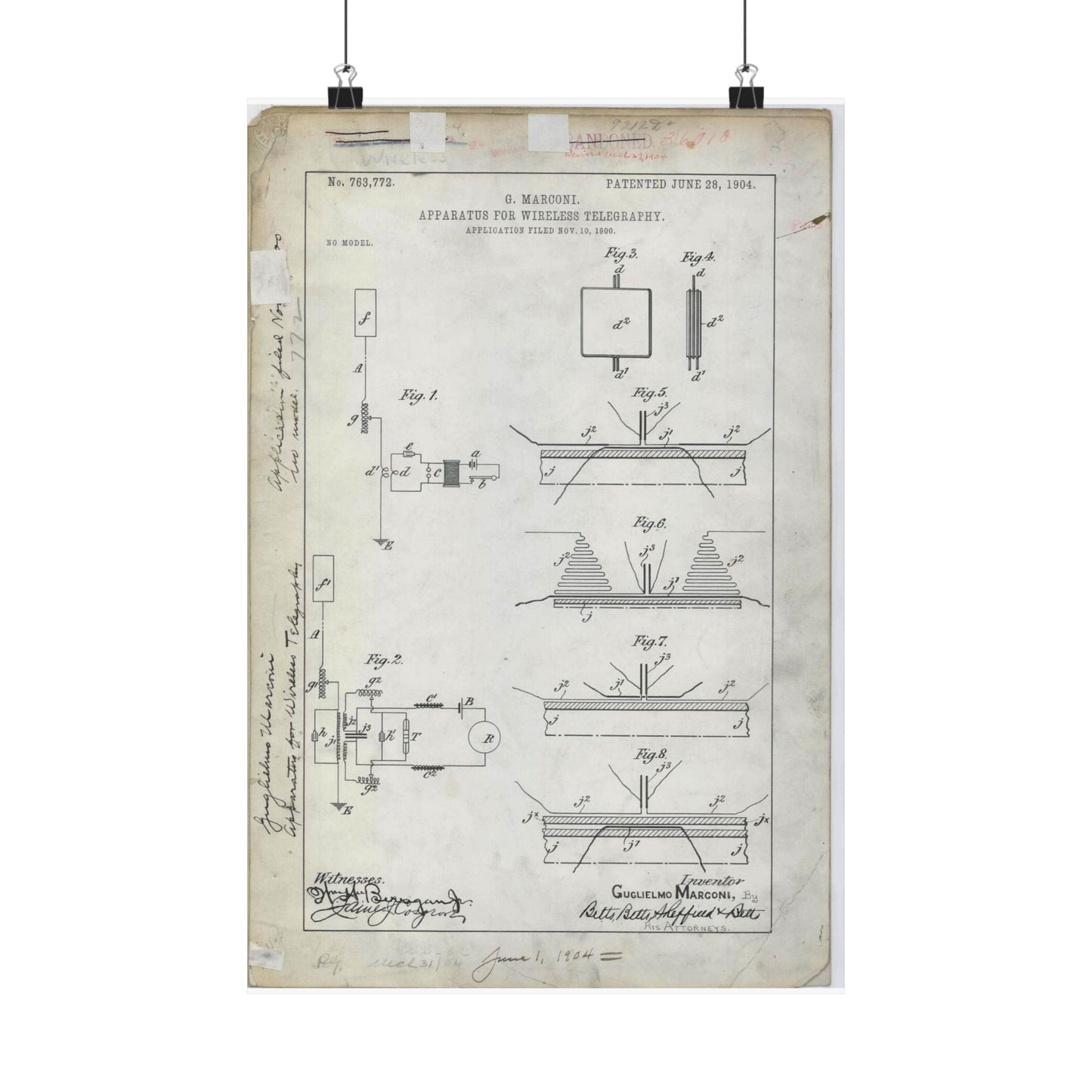 Patent drawing - for G. Marconi's Apparatus for Wireless Telegraphy Public domain image High Quality Matte Wall Art Poster for Home, Office, Classroom