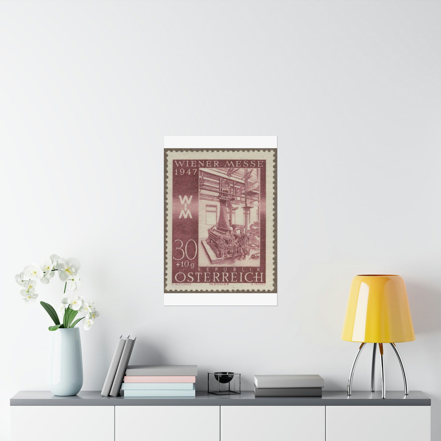 Frimärke ur Gösta Bodmans filatelistiska motivsamling, påbörjad 1950.Frimärke från Österrike, 1947. Motiv av jacquardvävstol i Österrike 1947. "Wienermässan 1947" High Quality Matte Wall Art Poster for Home, Office, Classroom
