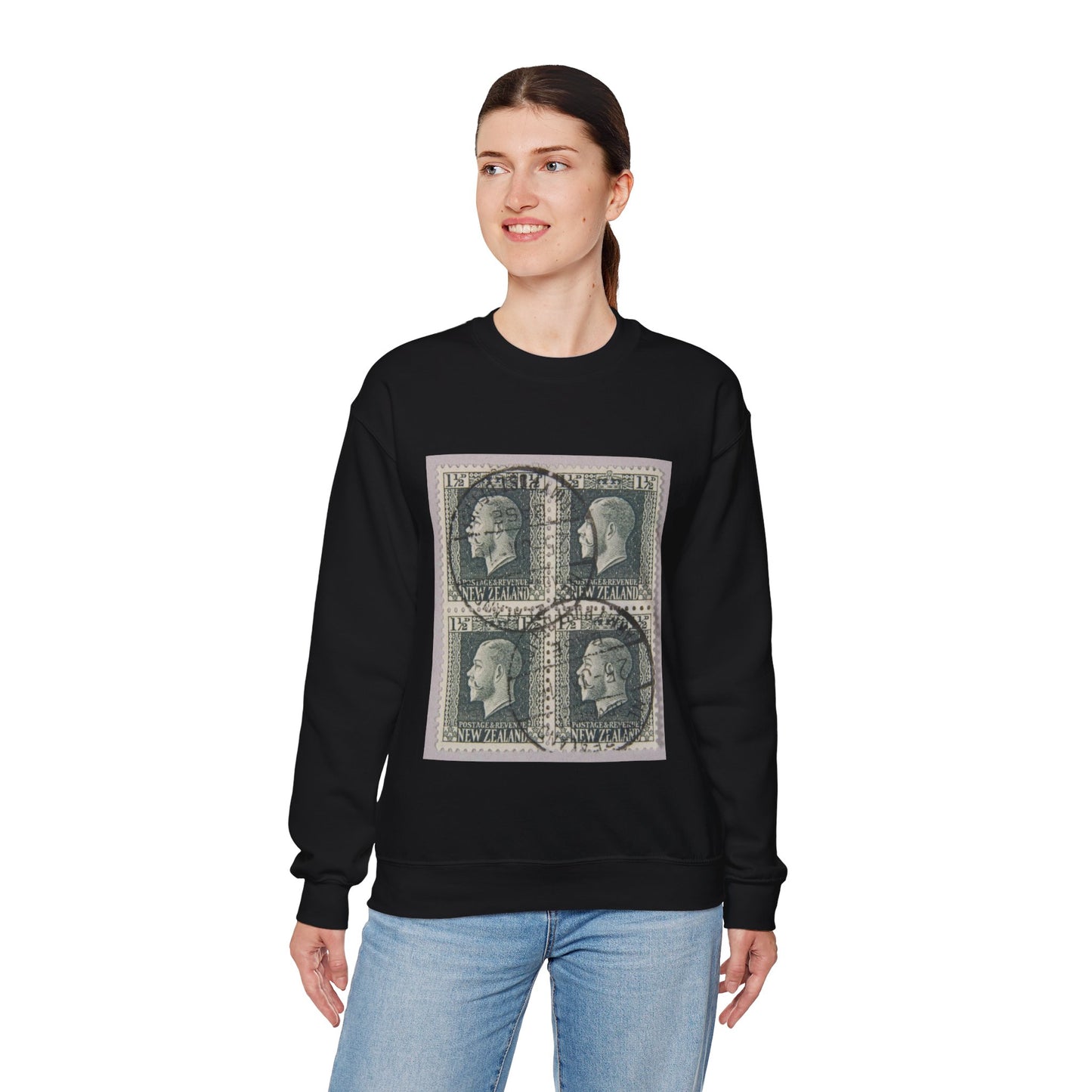 Block of one and a half penny 'King George V' definitive stamps in grey slate Black Heavy Blend Adult Crew Neck SweatShirt