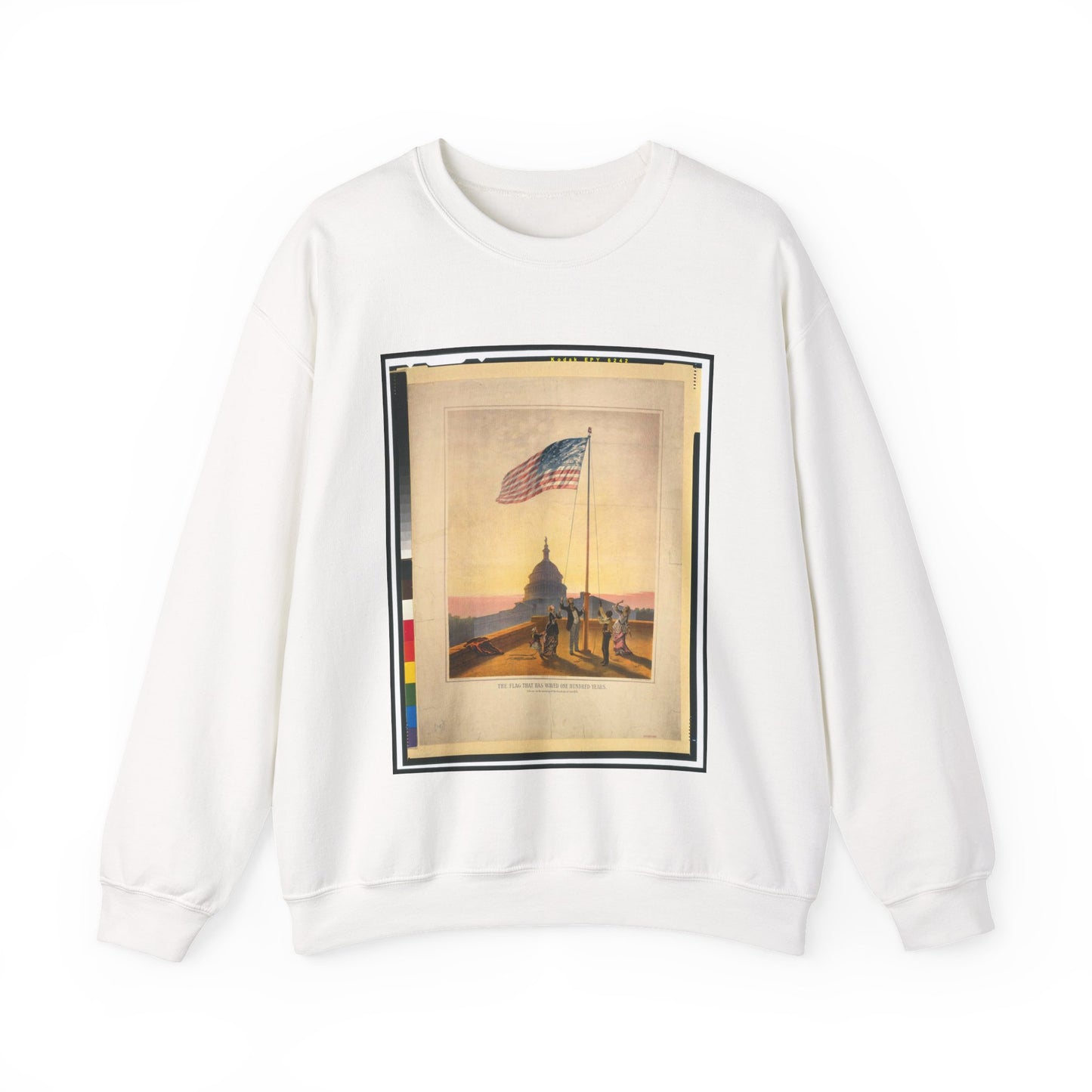 The flag that has waved one hundred years--A scene on the morning of the fourth day of July 1876 / Fabronius ; E.P. & L. Restein's oilchromo, Philadelphia. ; National Chromo Co. pub., Philadelphia. White Heavy Blend Adult Crew Neck SweatShirt