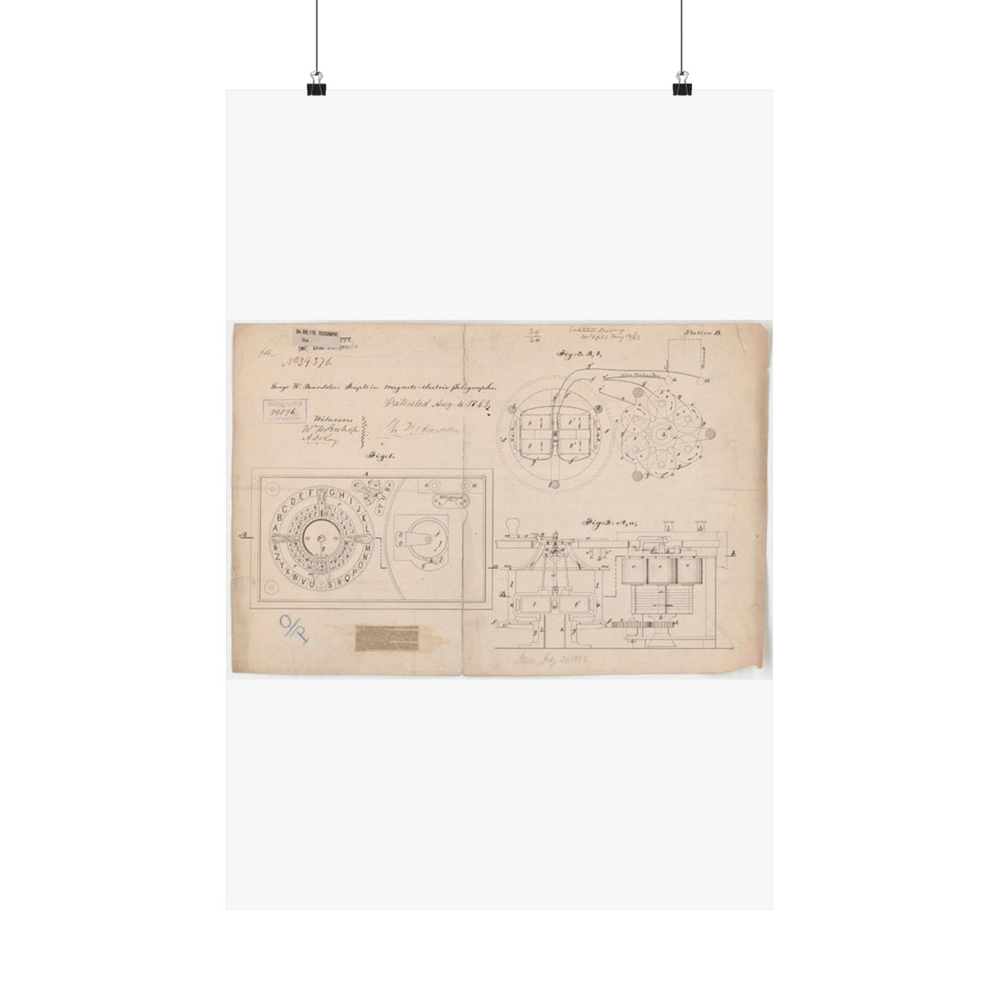 Patent drawing - Drawing of Improvements in Magneto-electric Telegraphs Public domain image High Quality Matte Wall Art Poster for Home, Office, Classroom