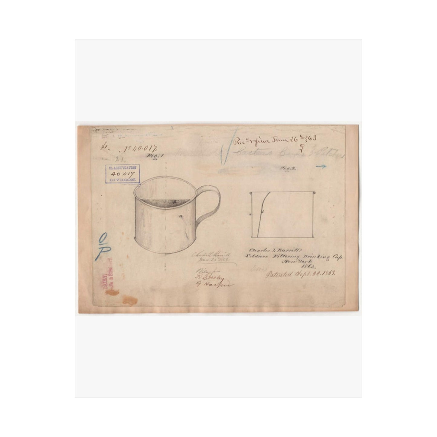 Patent drawing - Drawing of Soldiers Filtering Drinking Cup Public domain image High Quality Matte Wall Art Poster for Home, Office, Classroom