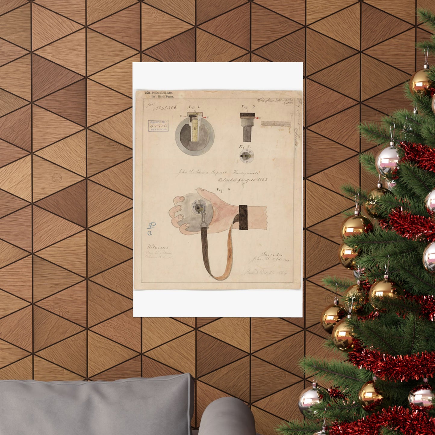Patent drawing - Drawing of Improved Hand Grenade Public domain image High Quality Matte Wall Art Poster for Home, Office, Classroom