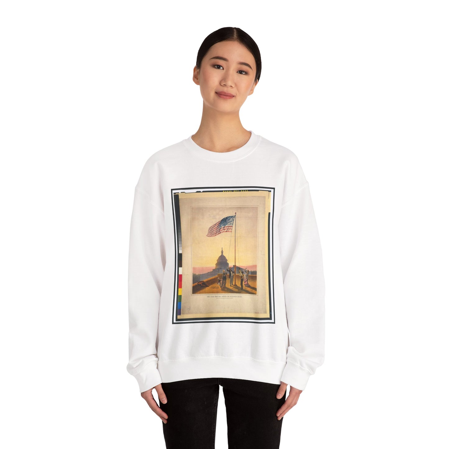 The flag that has waved one hundred years--A scene on the morning of the fourth day of July 1876 / Fabronius ; E.P. & L. Restein's oilchromo, Philadelphia. ; National Chromo Co. pub., Philadelphia. White Heavy Blend Adult Crew Neck SweatShirt