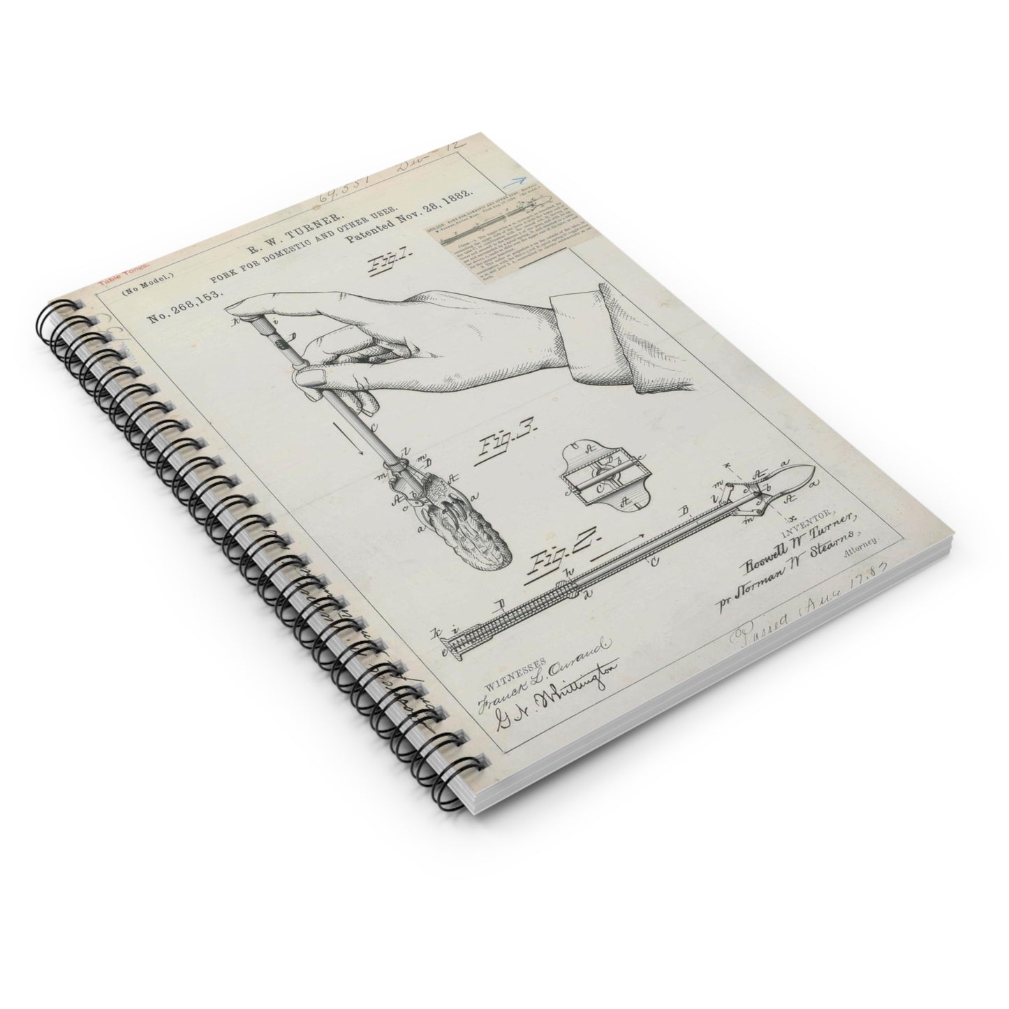 Patent drawing - for R. W. Turner's Fork for Domestic and Other Uses Public domain image Spiral Bound Ruled Notebook with Printed Cover