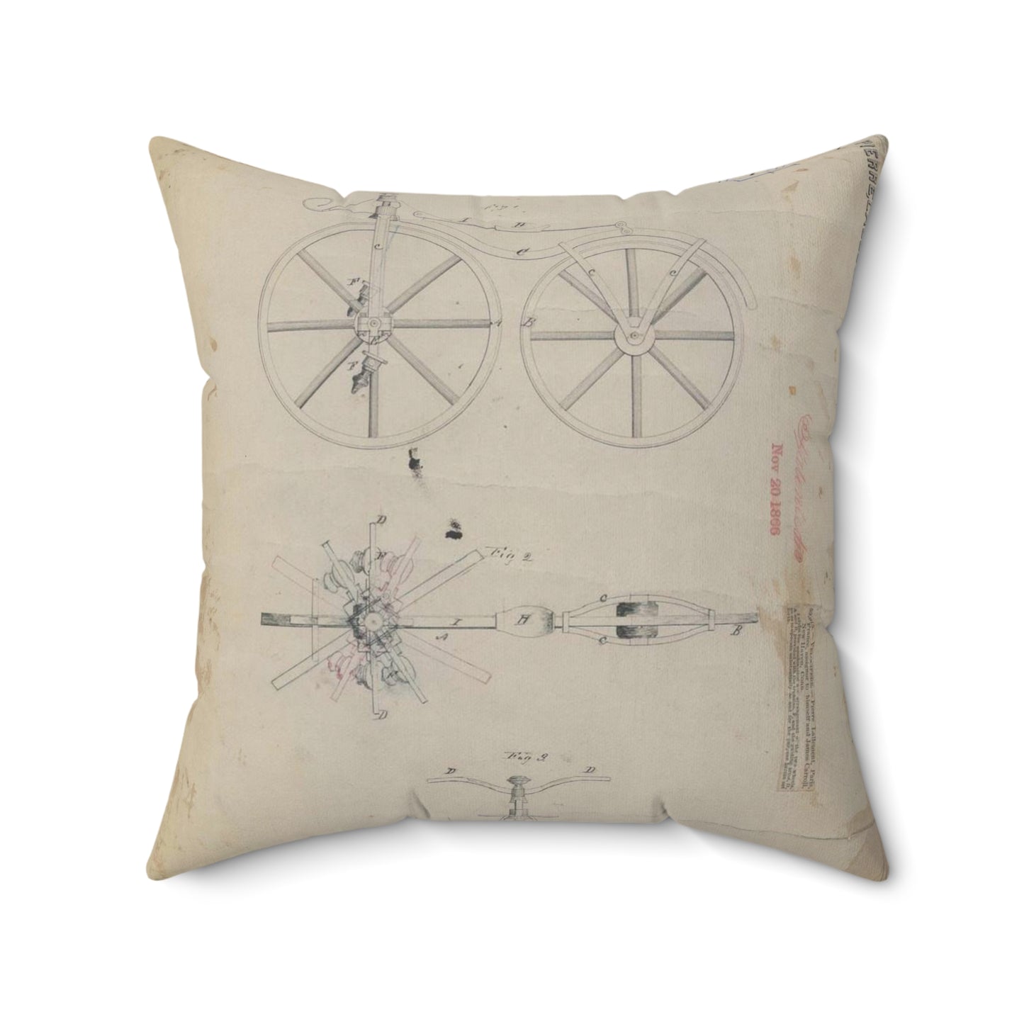 Patent drawing - for Pierre Lallement's Improvement in Velocipedes Public domain image Decorative Accent Square Pillow