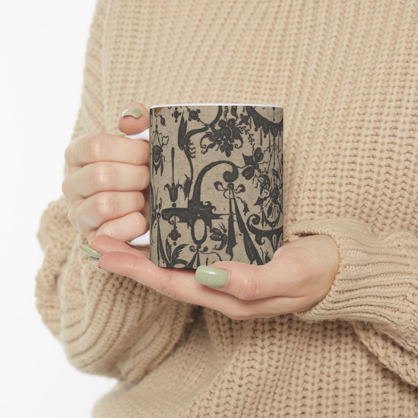 Blackwork Print with a Trophy at Center Surrounded by Grotesques and Swag Drapery Beautiful Novelty Ceramic Coffee Mug 11oz