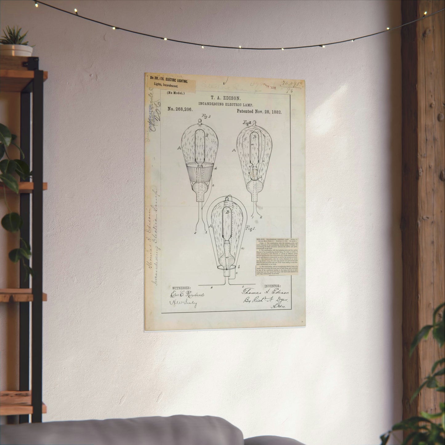 Patent drawing - for T. A. Edison's Incandescing Electric Lamp Public domain image High Quality Matte Wall Art Poster for Home, Office, Classroom