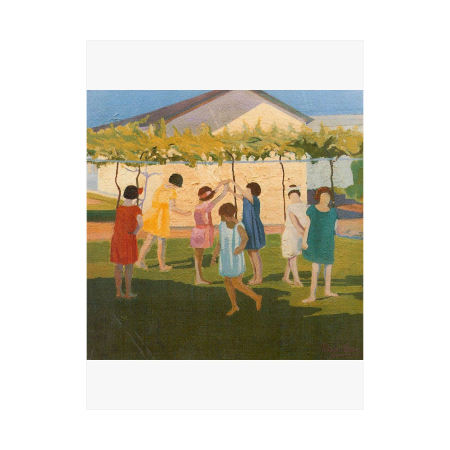 Petrona Viera - A painting of a group of children playing with a kite High Quality Matte Wall Art Poster for Home, Office, Classroom